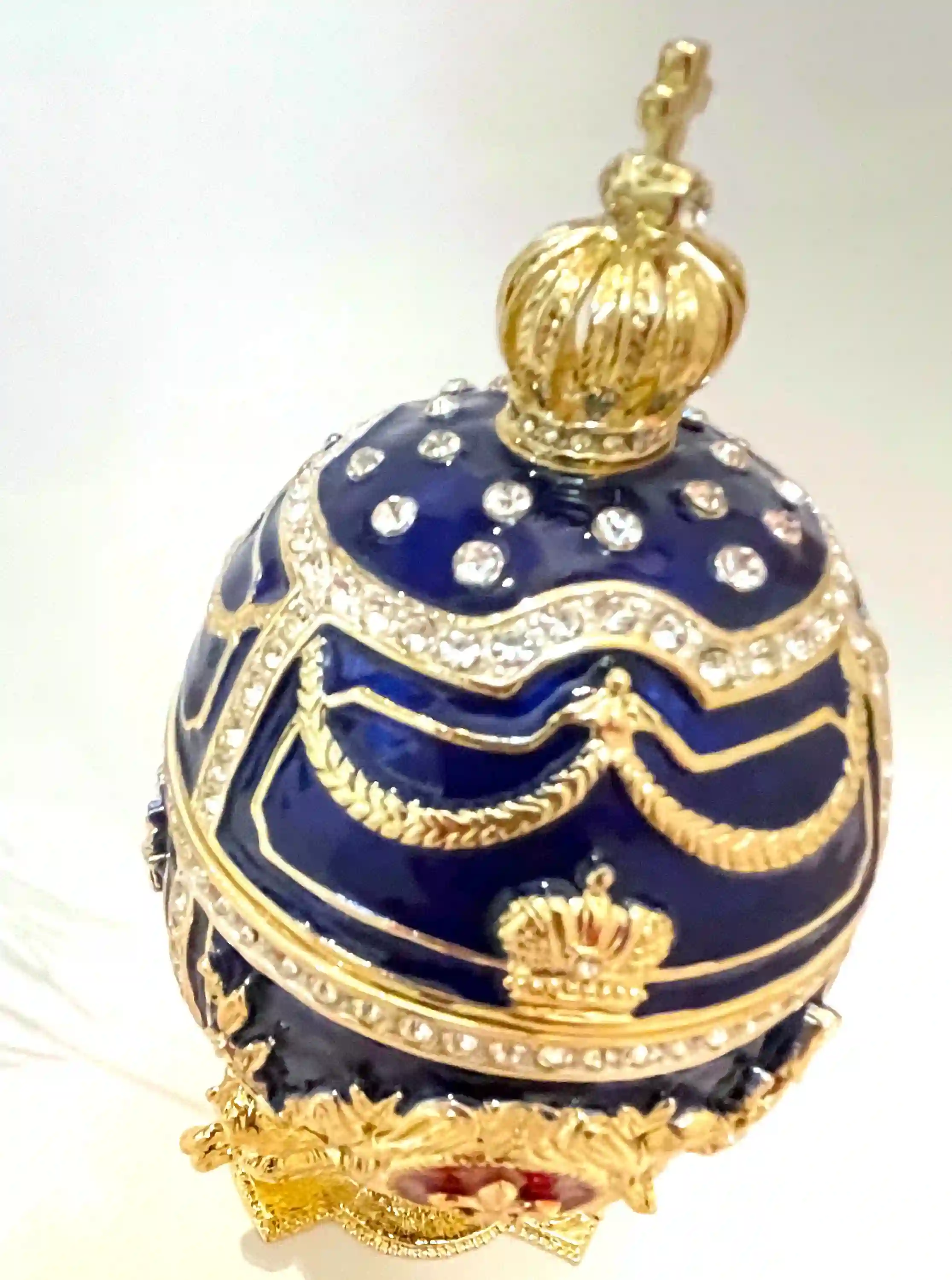 DESIGNER Blue Faberge egg Ornament, Faberge Egg Trinket Box, 24k GOLD Swarovski Diamond HANDSET, Faberge egg Style Graduation gift for Son 