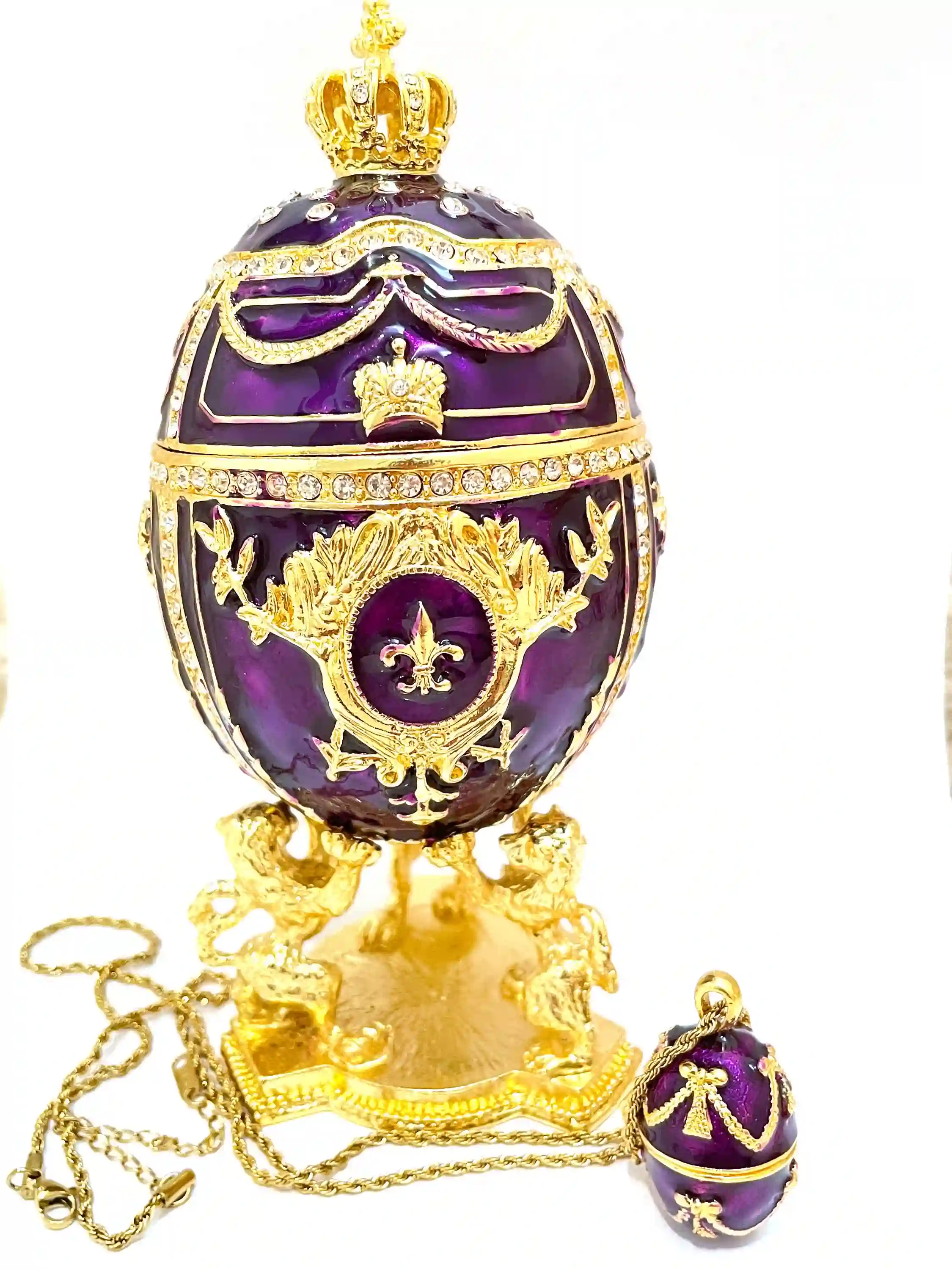 Stunning June birthday gifts for her, Amethyst Faberge egg Jewelry box, PLUS, Faberge Egg Necklace, Faberge Egg Pendant, June gifts,24k GOLD 