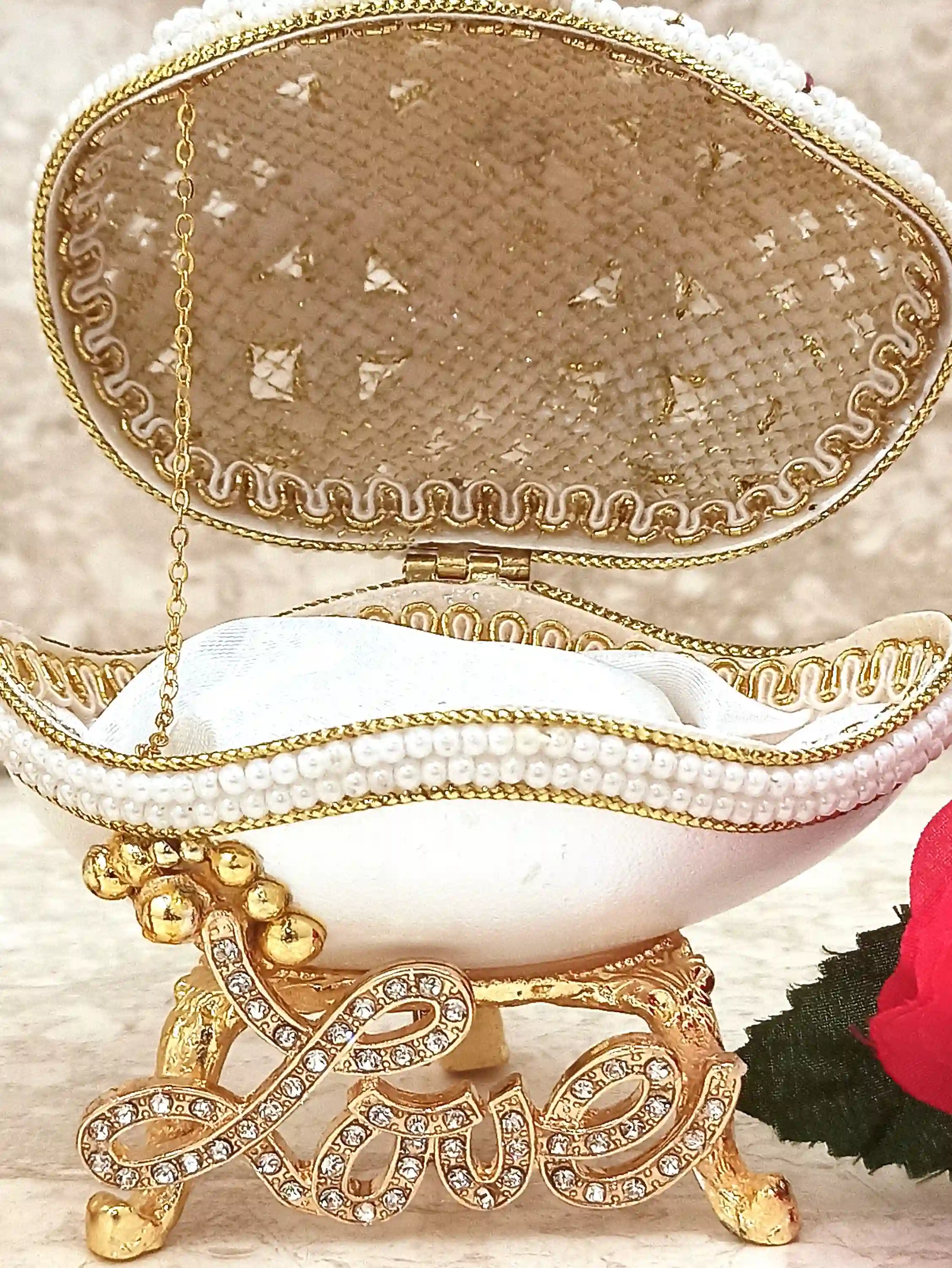 Pearl Jewelry box Luxury Gift ONEOFAKIND Handmade Musical Ornament Love Faberge-Style Egg Natural HANDCARVED Egg 2ct AUSTRIAN Crystal 24kGOLD Gift 