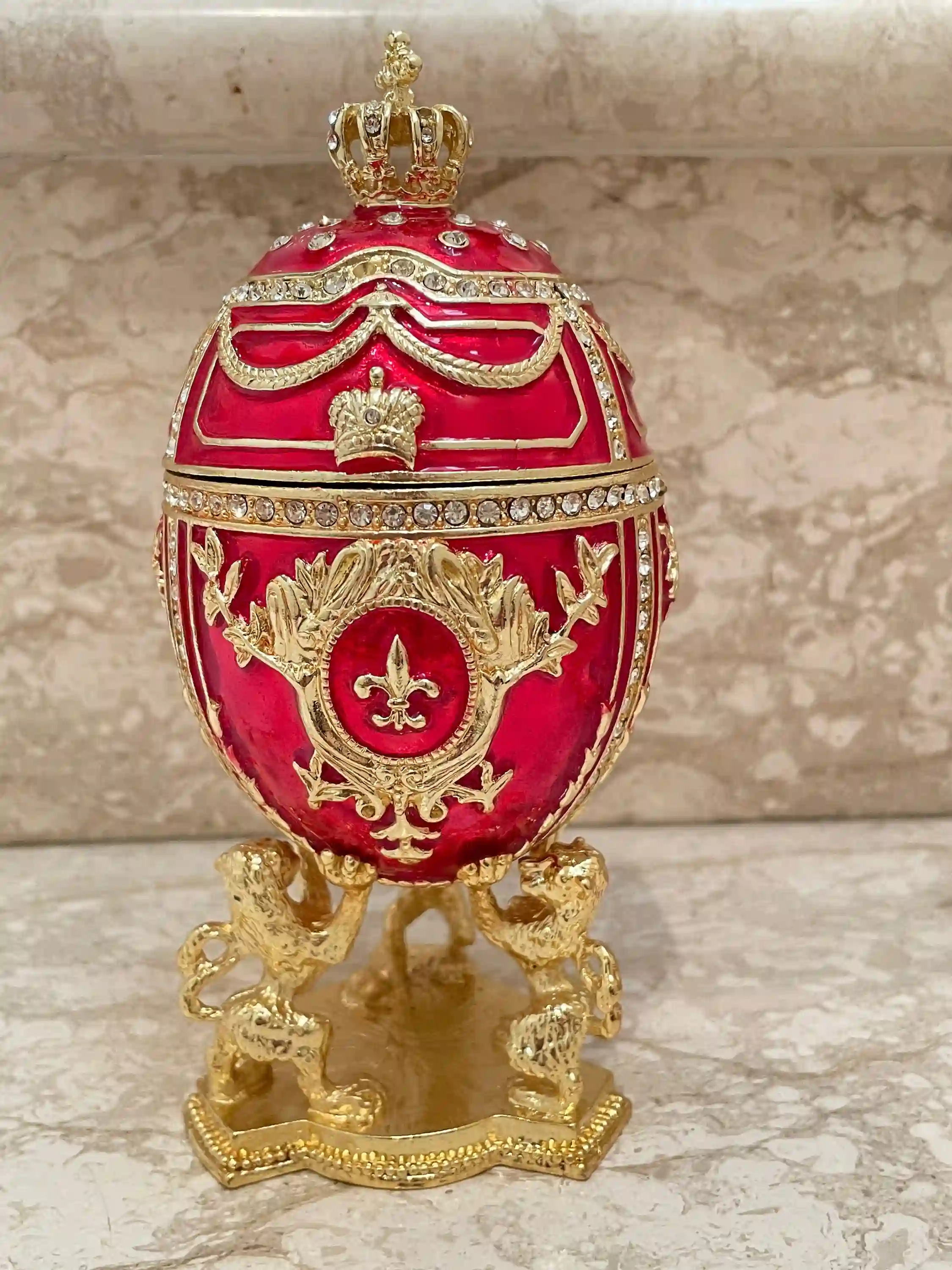 Ruby Red Faberge Egg Mom birthday Gift Faberge Trinket box 24kGold 200 AustrianCrystal HANDSET Faberge Love gifts for wife HANDMADE Ornament 