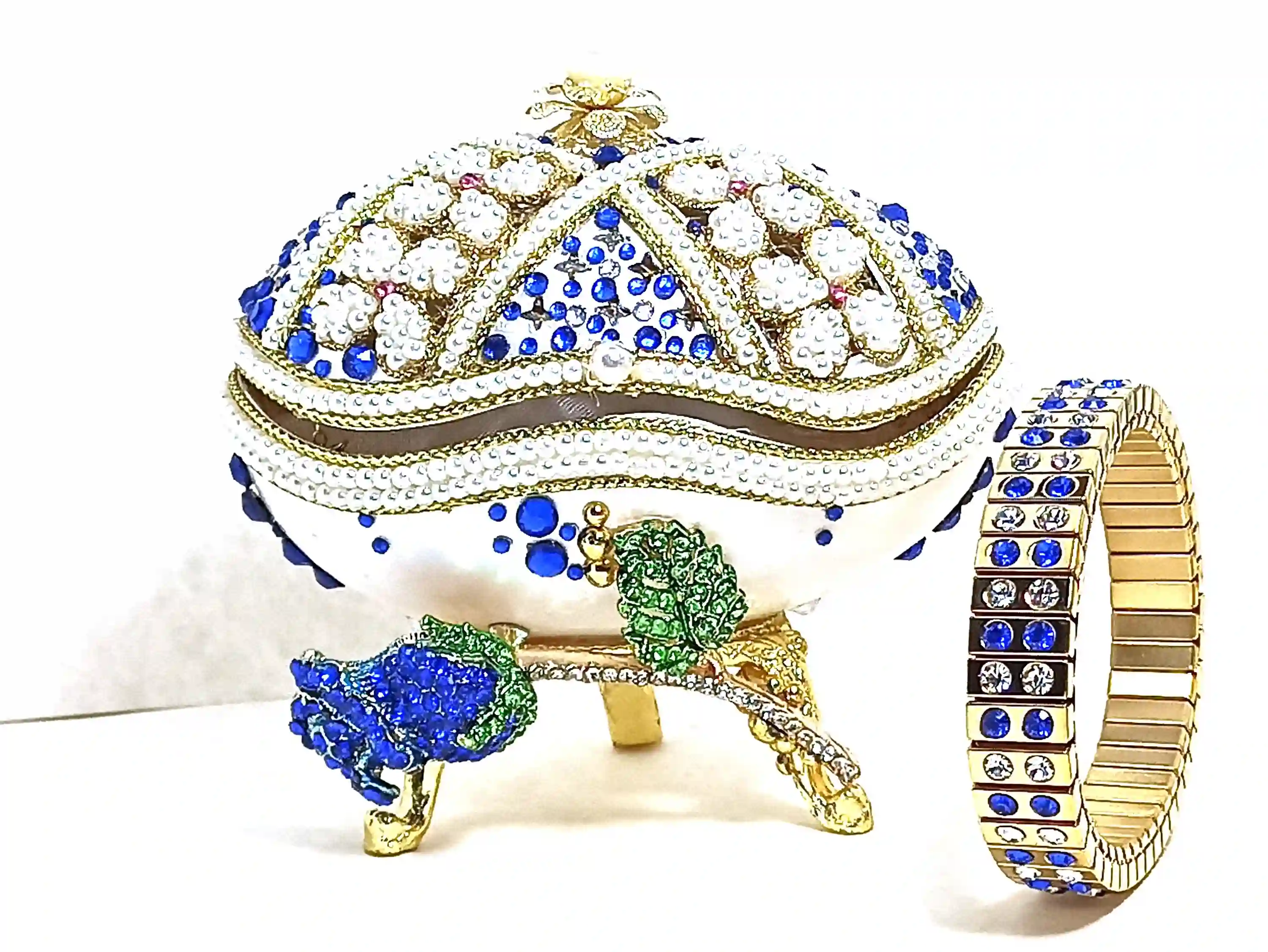 Unique Sapphire Blue Gift Box Faberge egg Home Decor Ornaments Music Gift for her Natural HAND CARVED Fabrege style Egg 24k GOLD Bracelet 