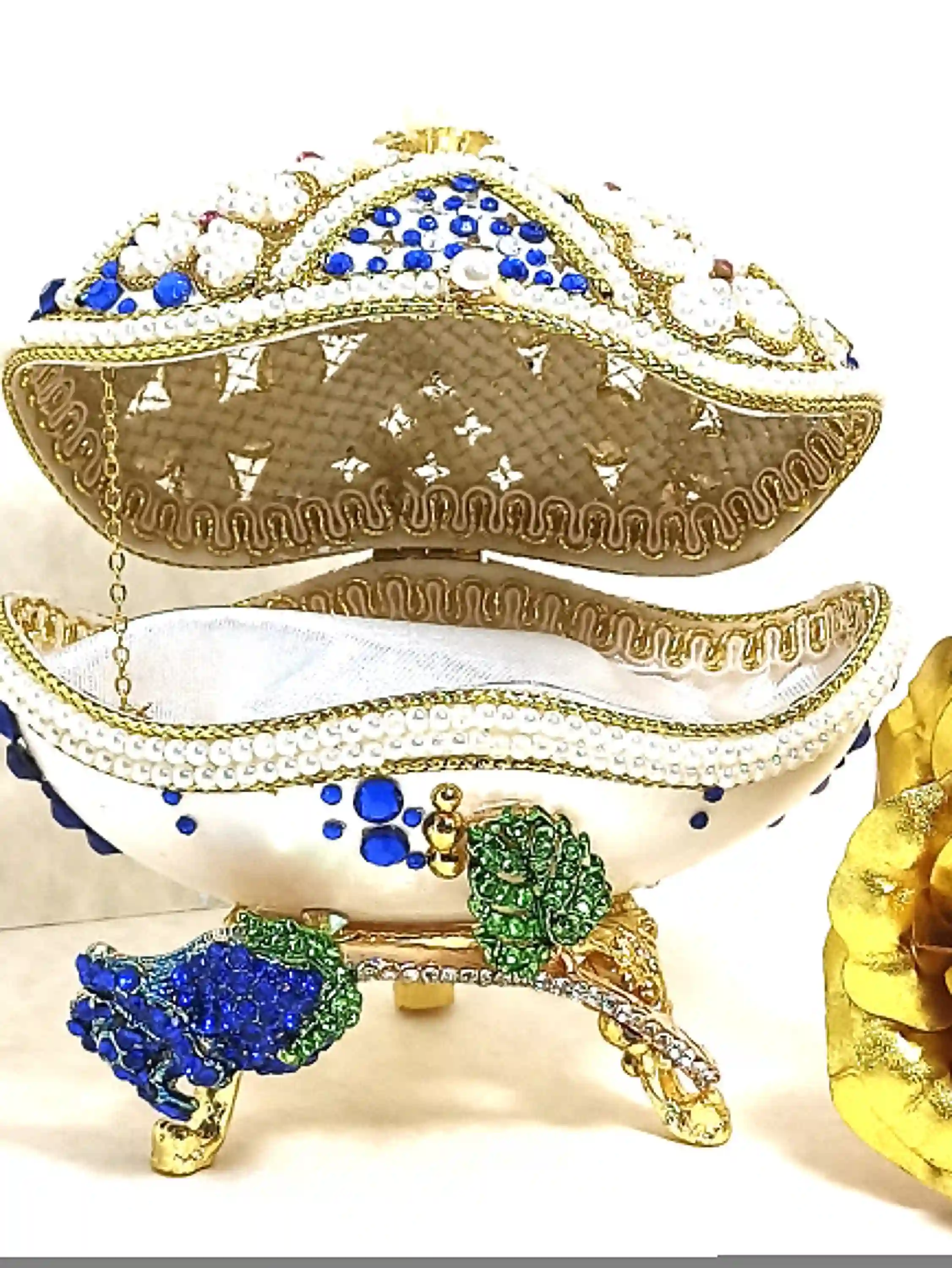 Unique Sapphire Blue Gift Box Faberge egg Home Decor Ornaments Music Gift for her Natural HAND CARVED Fabrege style Egg 24k GOLD Bracelet 