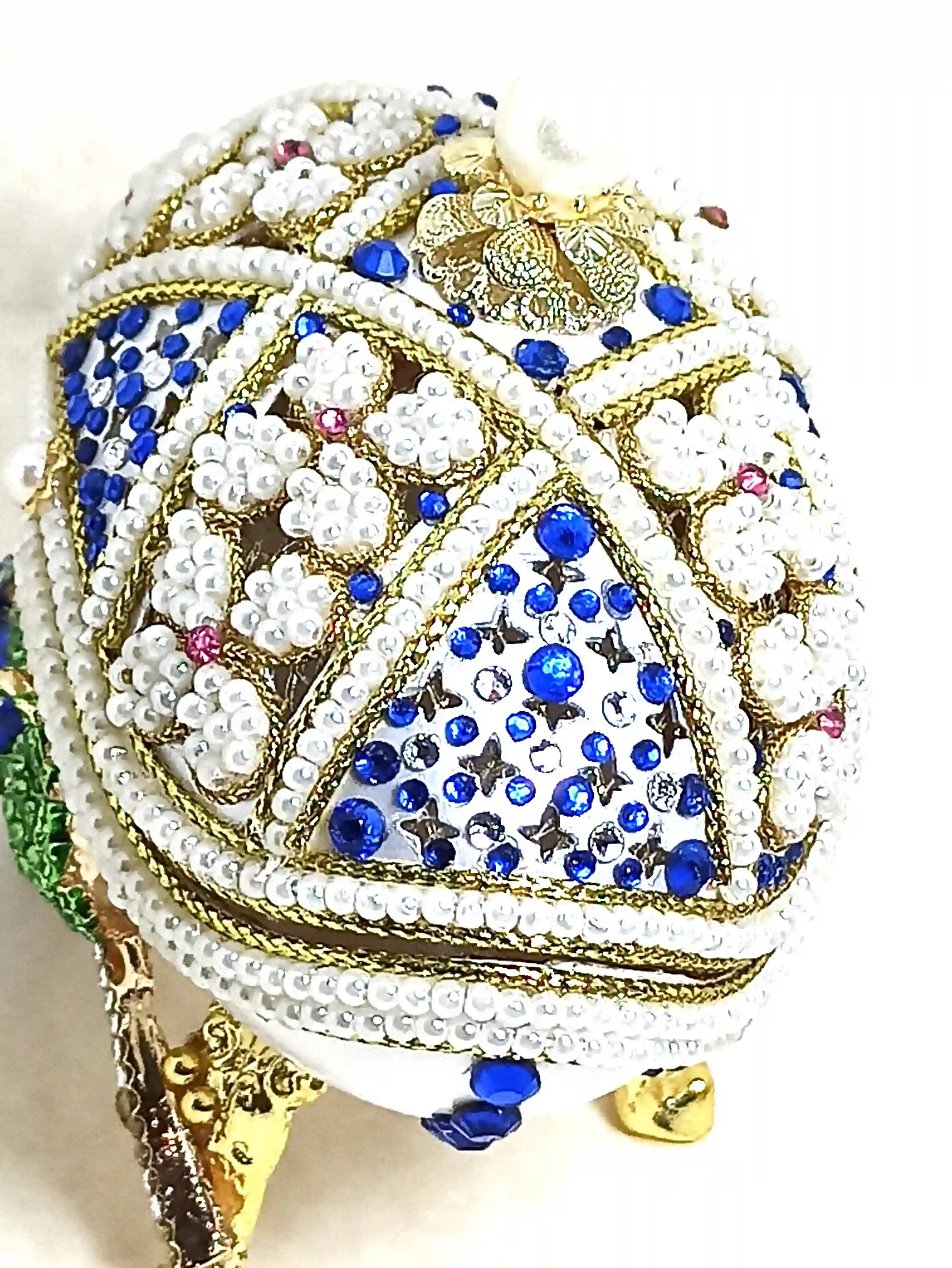 Unique Sapphire Blue Gift Box Faberge egg Home Decor Ornaments Music Gift for her Natural HAND CARVED Fabrege style Egg 24k GOLD Bracelet 