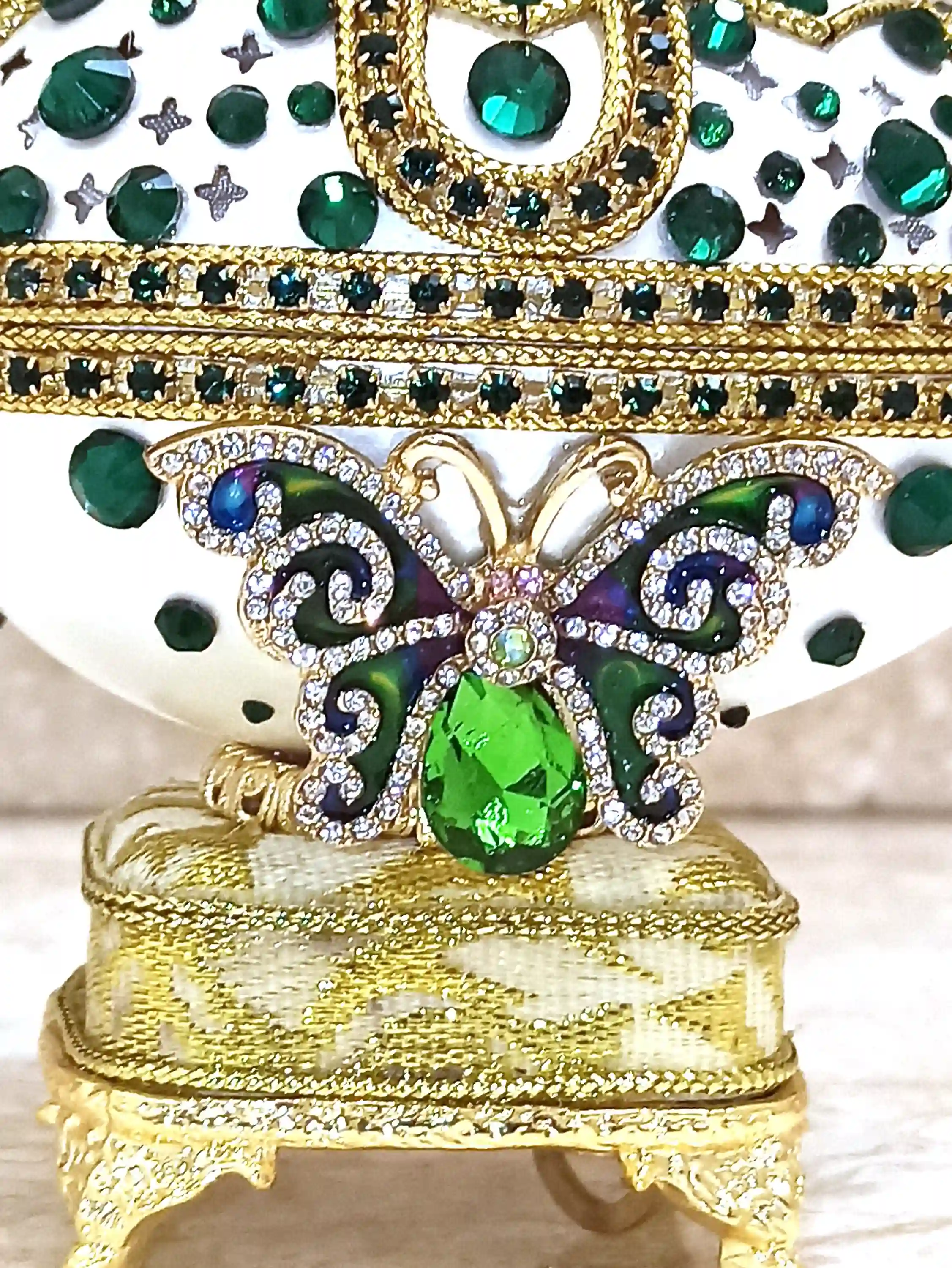 One Of a Kind Faberge-Style Egg Jewelry Box SET Musical Emerald Butterfly Trinket Box Home Decor Fabrege Egg NATURAL Hand Crafted Egg 24kGOLD deco 