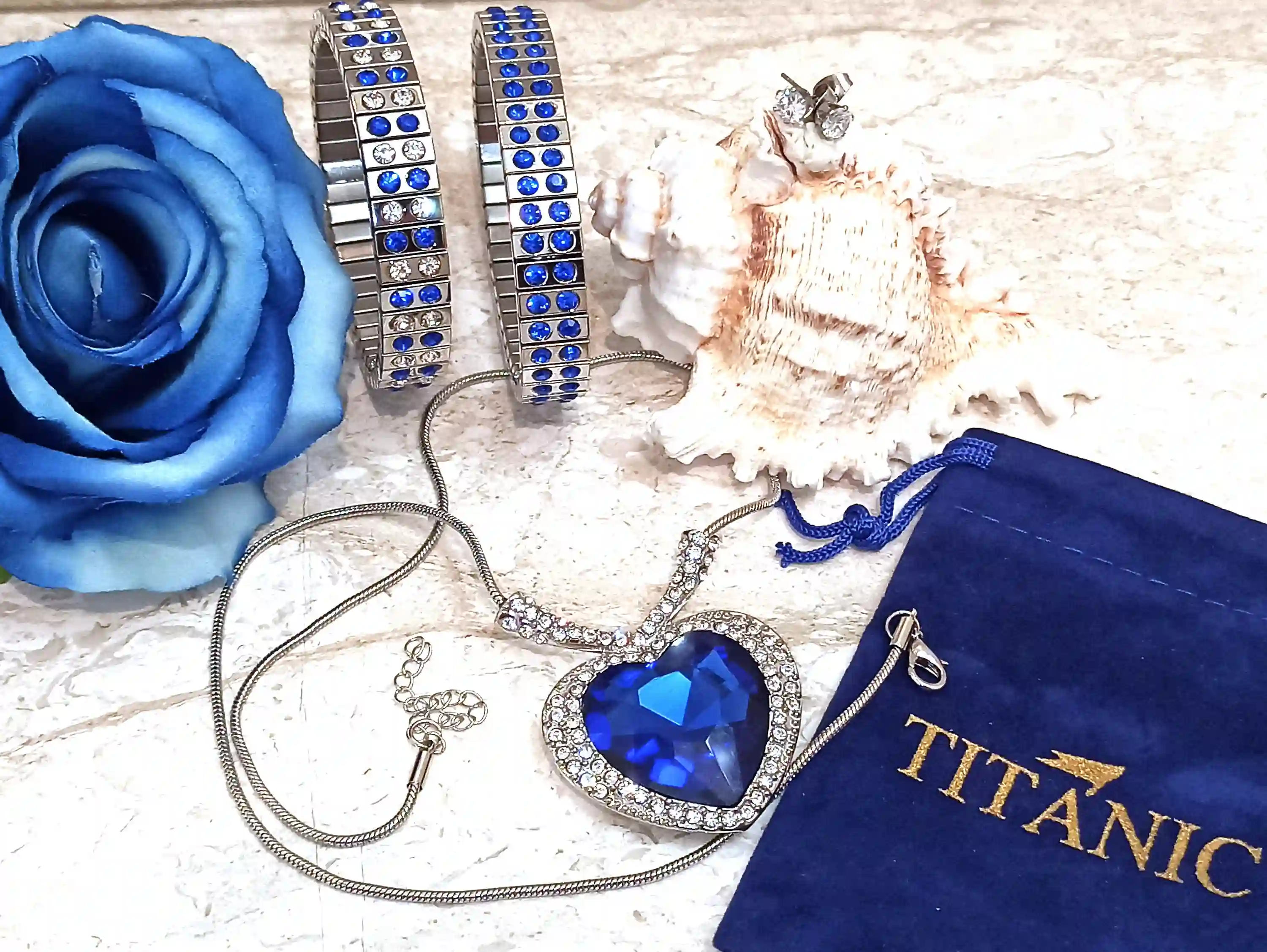 Sapphire Jewelry SET, Blue HEART Necklace + 2 Silver SAPPHIRE bracelets + Earrings, Sapphire Heart Necklace Set, Something Blue for Wedding 