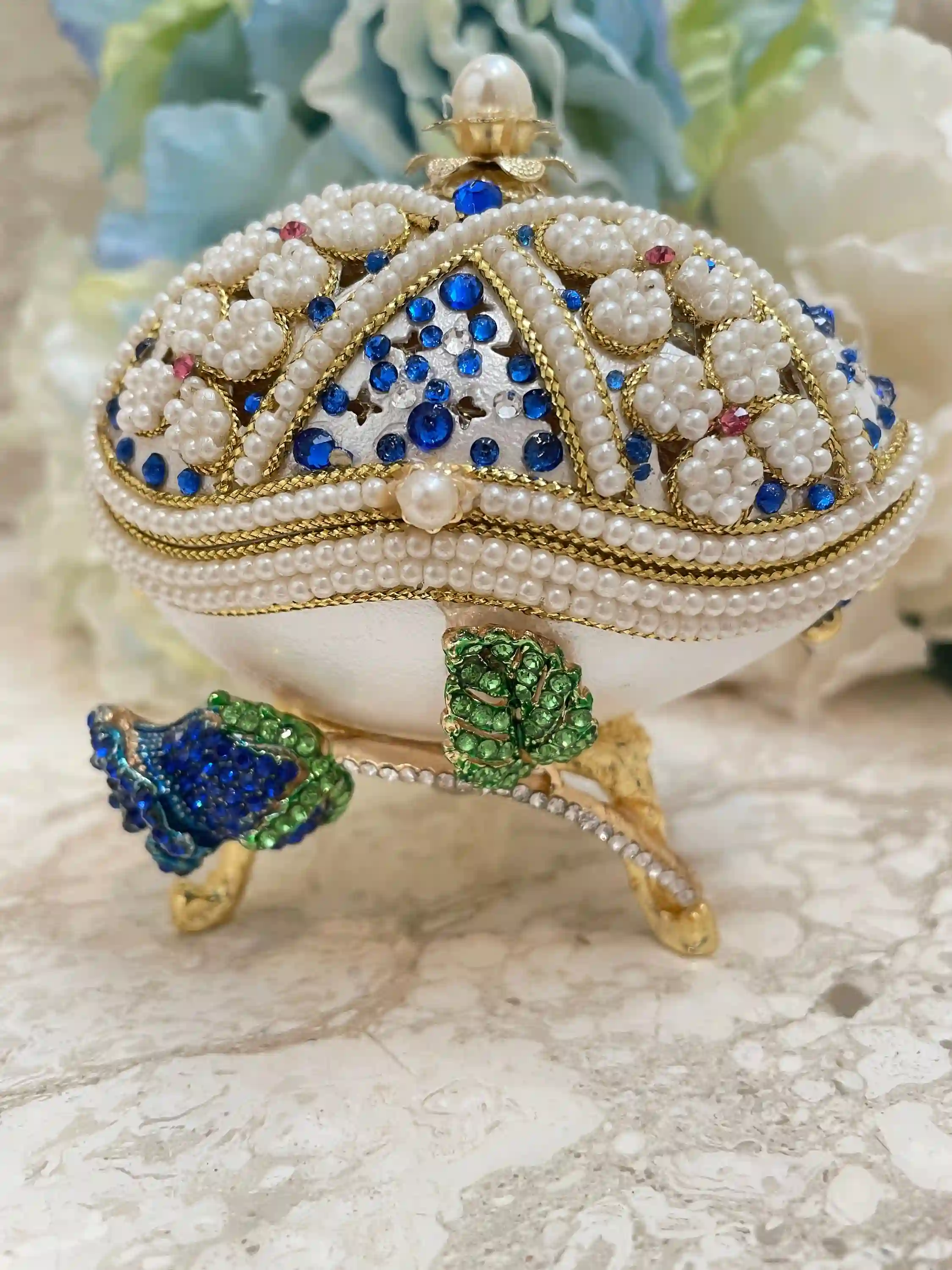 One Only Blue Rose Faberge-Style Egg style Jewelry Box SET HANDCARVED Natural Egg Austrian Crystal Sapphire Faberge Egg MUSIC Box Handmade 1990 