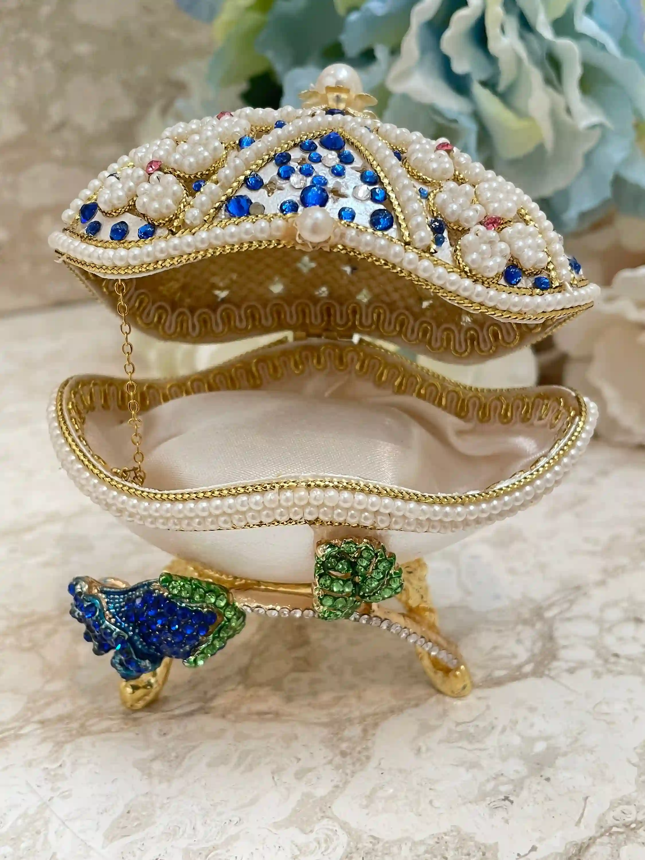 One Only Blue Rose Faberge-Style Egg style Jewelry Box SET HANDCARVED Natural Egg Austrian Crystal Sapphire Faberge Egg MUSIC Box Handmade 1990 