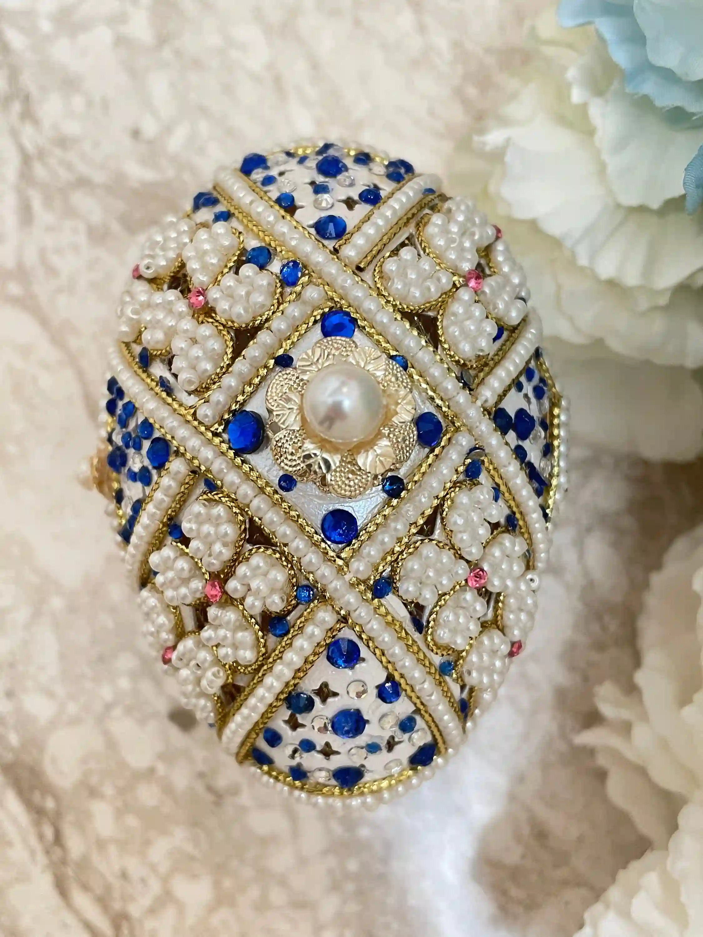 One Only Blue Rose Faberge-Style Egg style Jewelry Box SET HANDCARVED Natural Egg Austrian Crystal Sapphire Faberge Egg MUSIC Box Handmade 1990 