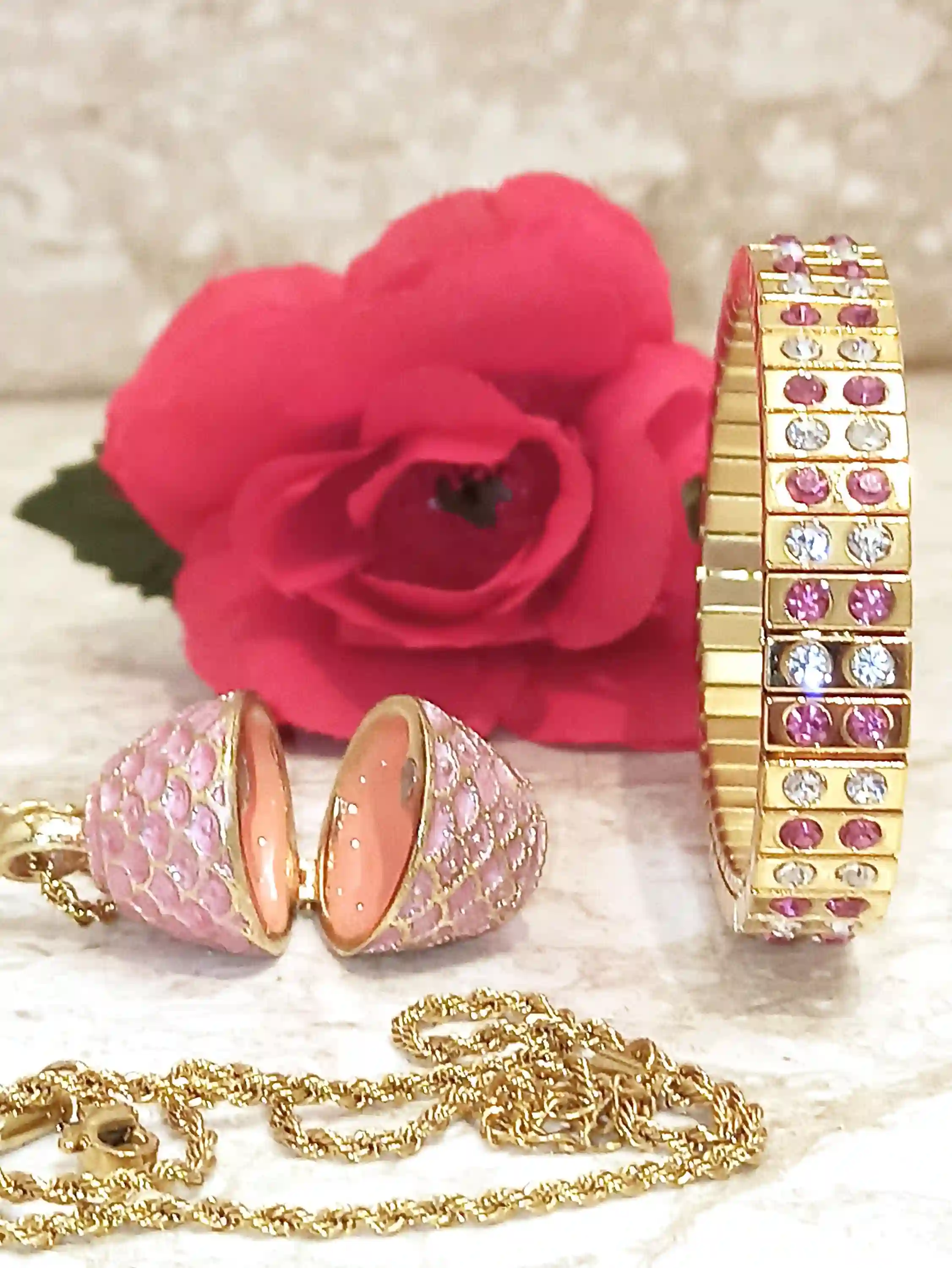 Pink Jewelry for women,Faberge-Style Egg NECKLACE,&,BRACELET,Pink Gold Jewelry,Teen Girl Jewelry,Teenage Girl Gifts,Teen Birthday,24k GOLD,Faberge 