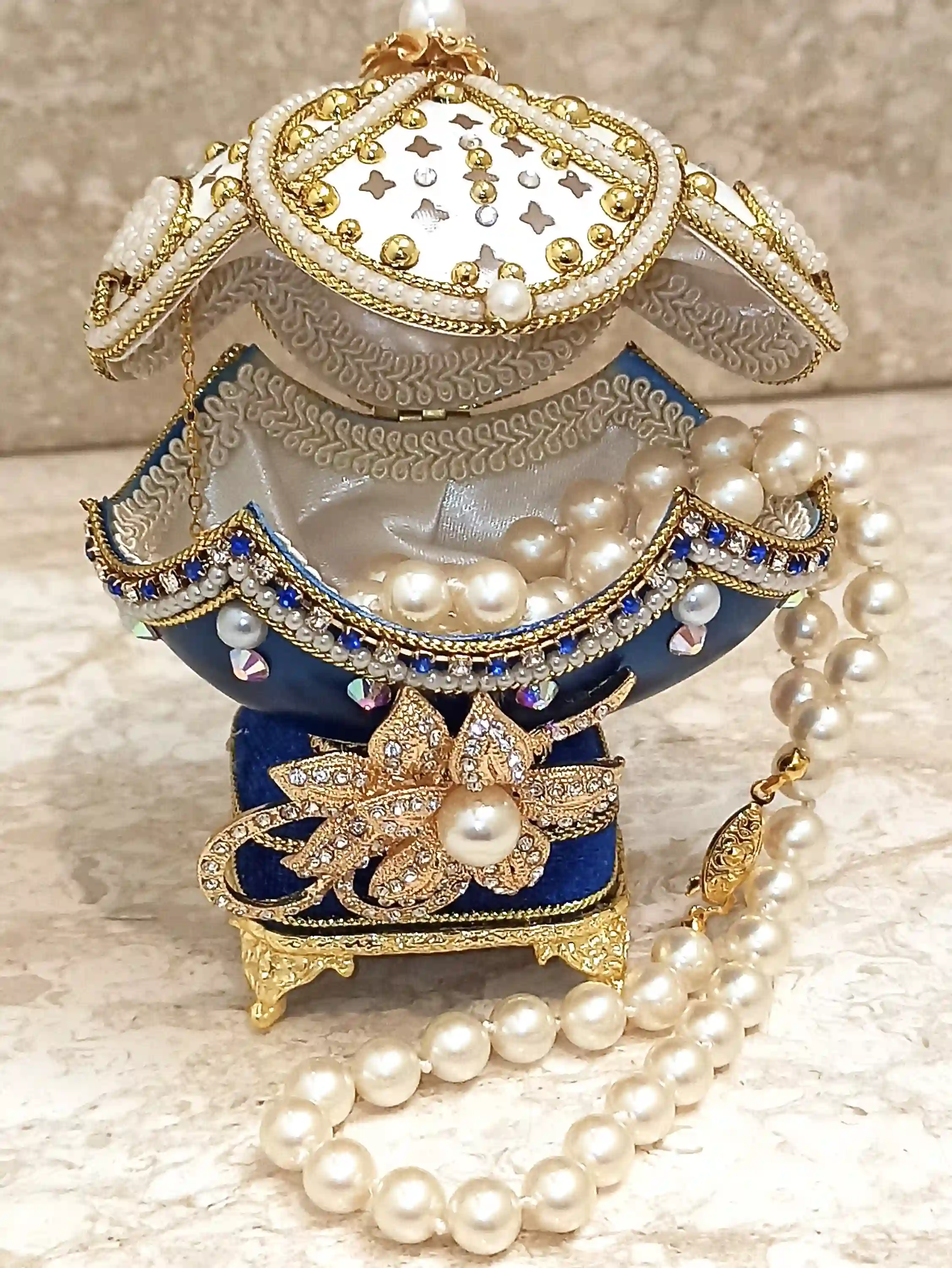 24K GOLD Faberge egg Pearl Trinket box & PEARL Necklace Bracelet SET Jewelry Box Faberge Egg Ornament gift set for her Music Box Faberge egg 