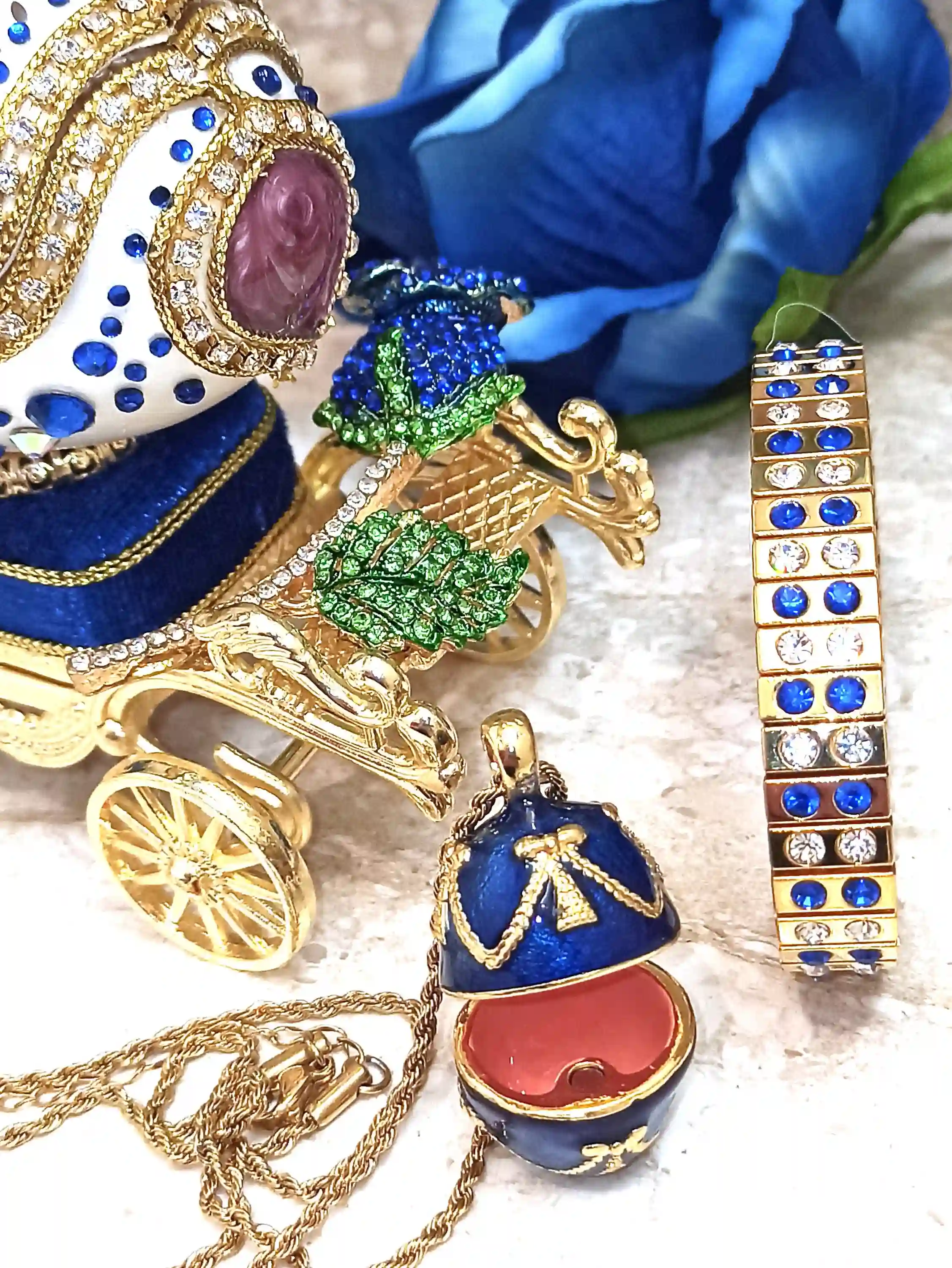 Blue Faberge-Style Egg style ONE of a KIND Luxury Wedding Gift, 430 Sapphires & Diamonds Natural Handcarved Egg 24k Daughter wedding gift from Mom 