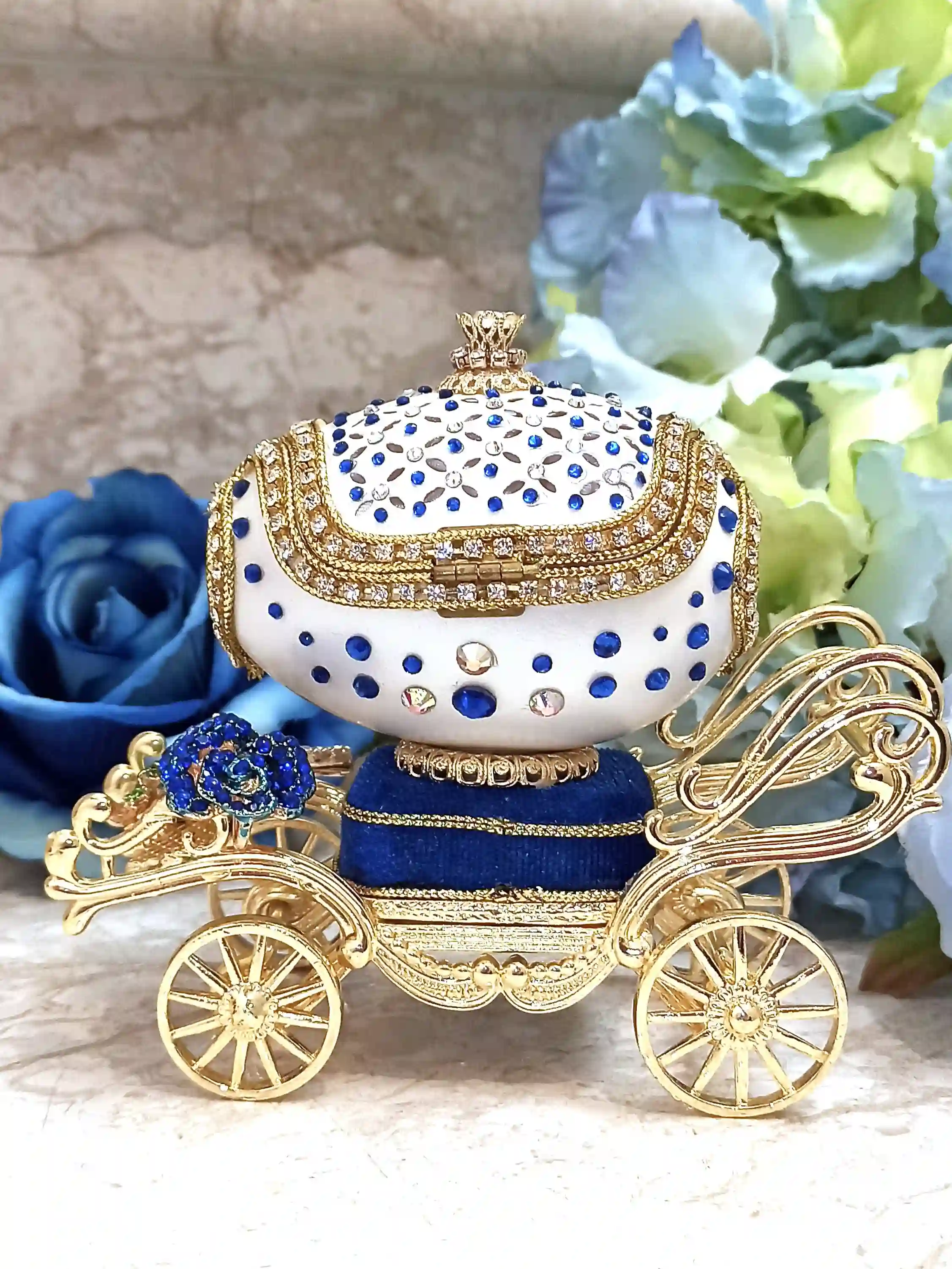 Blue Faberge-Style Egg style ONE of a KIND Luxury Wedding Gift, 430 Sapphires & Diamonds Natural Handcarved Egg 24k Daughter wedding gift from Mom 