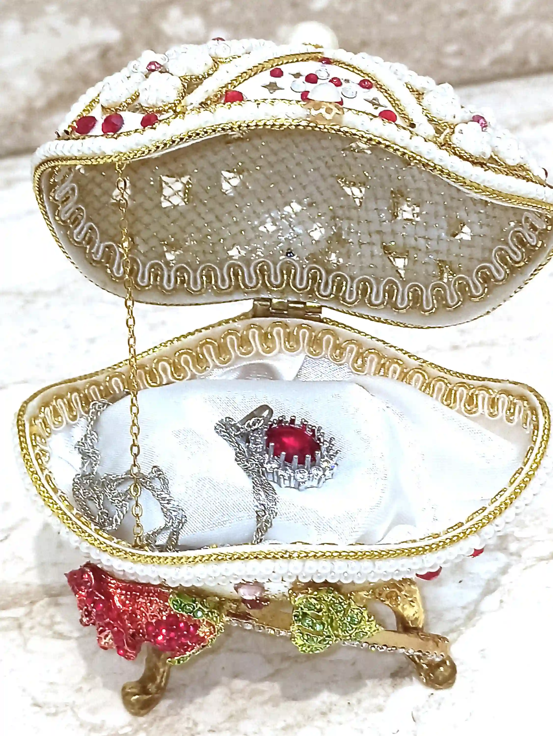 RUBY Luxury Gift for her Faberge-Style Egg & Sterling Silver Jewelry set for women Faberge egg style Decorative Boxes Home Decor Ornament House 
