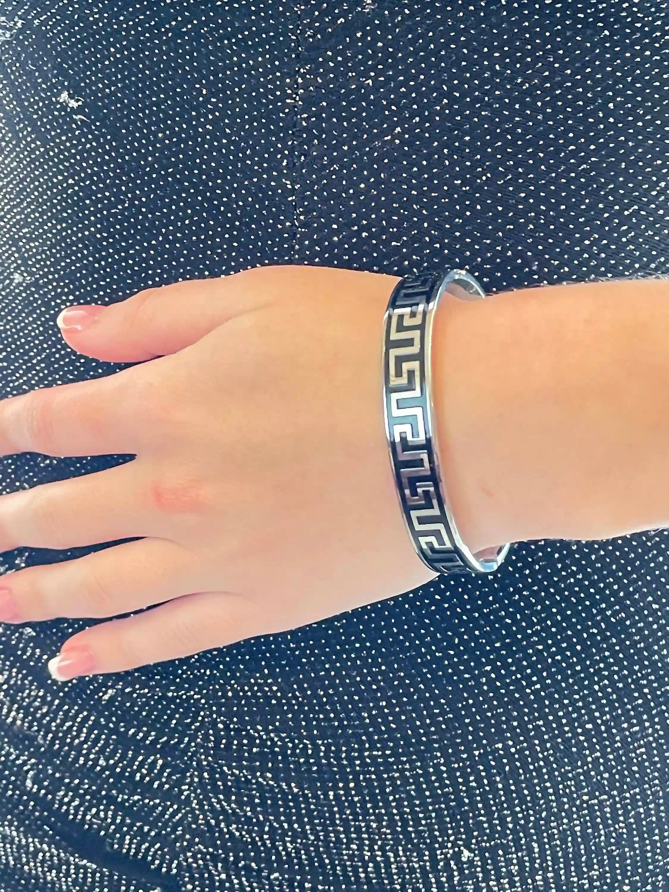 Designer Silver Meander Bracelet/ Black Greek Key Bracelet/Handmade Greek Key Jewelry/ Anniversary gift for wife/ Gift for her/ 10mm Silver 
