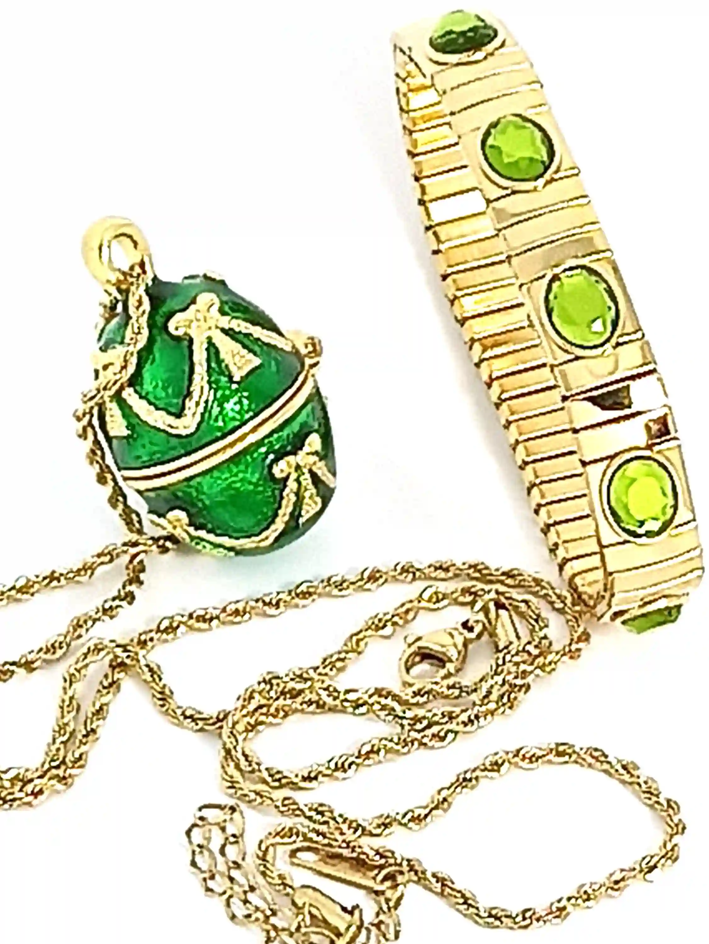 Faberge-Style Emerald Green Vintage Jewelry SET Faberge-Style Egg Necklace Gold & Austrian Crystal Bracelet Faberge-Style egg Pendant Bday Jewelry gift her 
