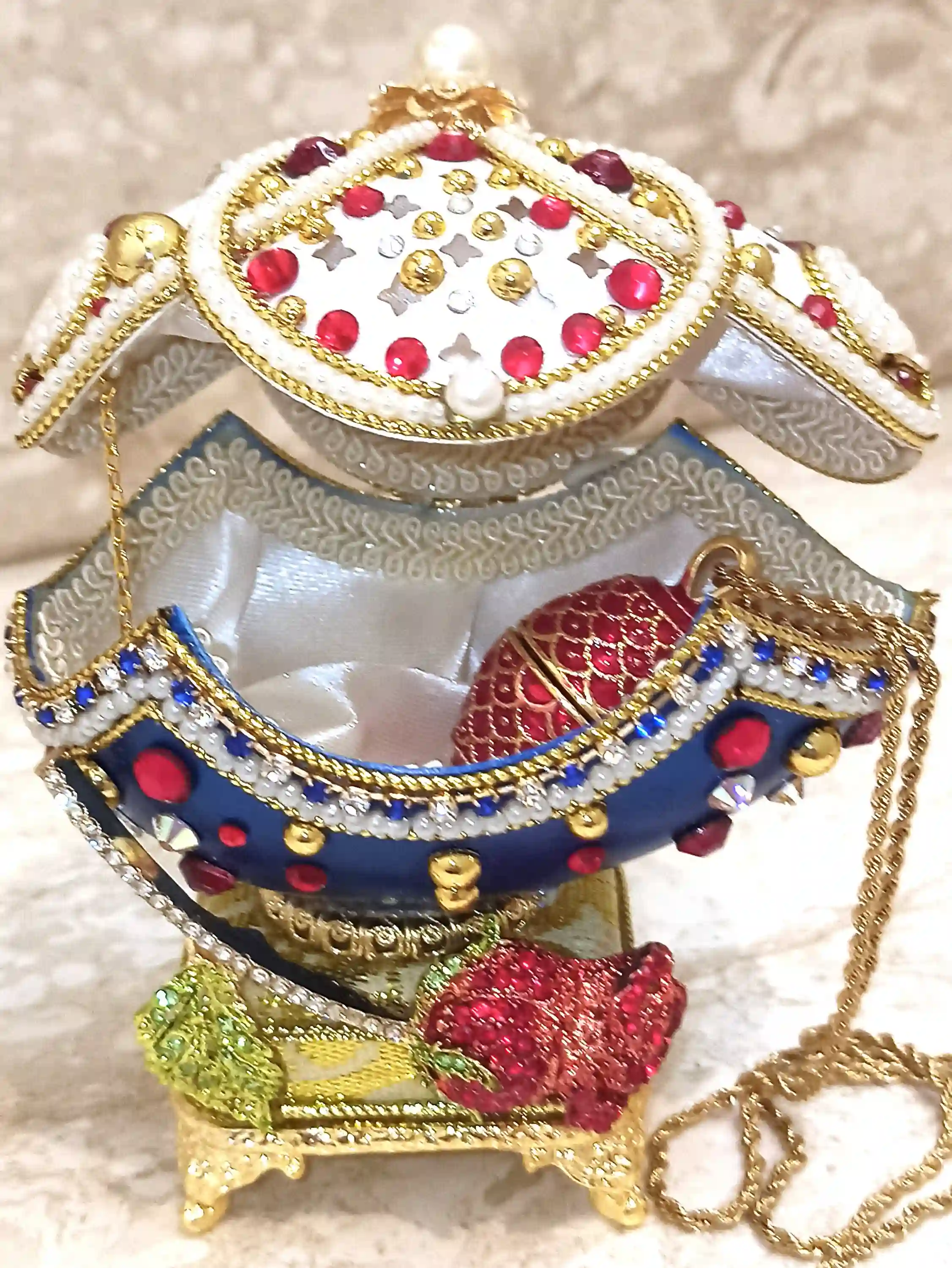 Faberge-Style egg Ornament & Faberge Egg Pendant Ruby Bracelet Gold Gift for women-Faberge Egg style Unique Music Box Home Decor gift for her bday 