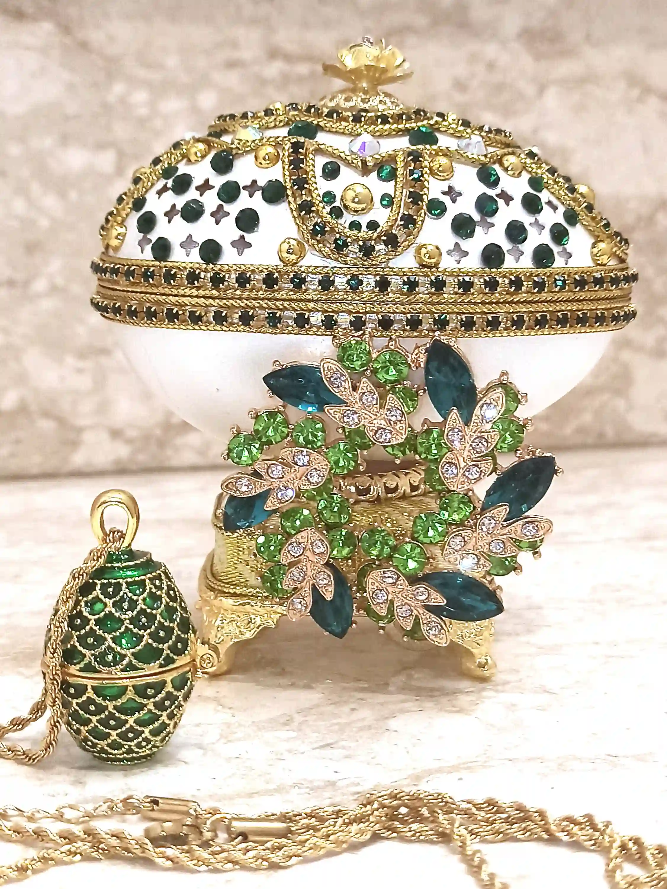 Faberge-Style egg ,Faberge Egg Pendant, Emerald Gold Bracelet, Unique Wedding gift Ideas,Unique Art, Home Decor Ornament,Faberge egg style Jewelry 