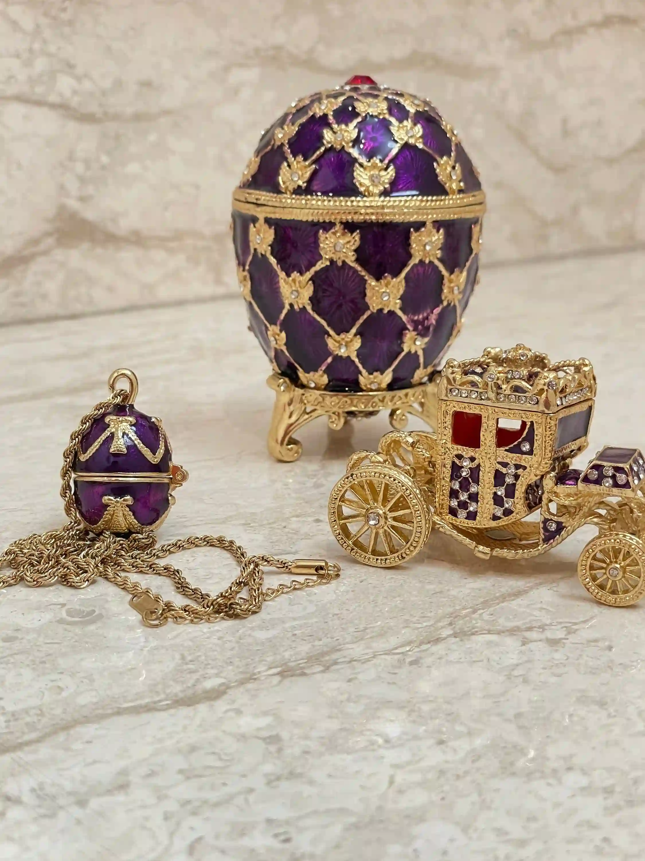 Amethyst Faberge Egg Carriage Trinket box Faberge Necklace Austrian Crystal Jewelry box SET Faberge Ornament Wife Jewelry box Faberge style 