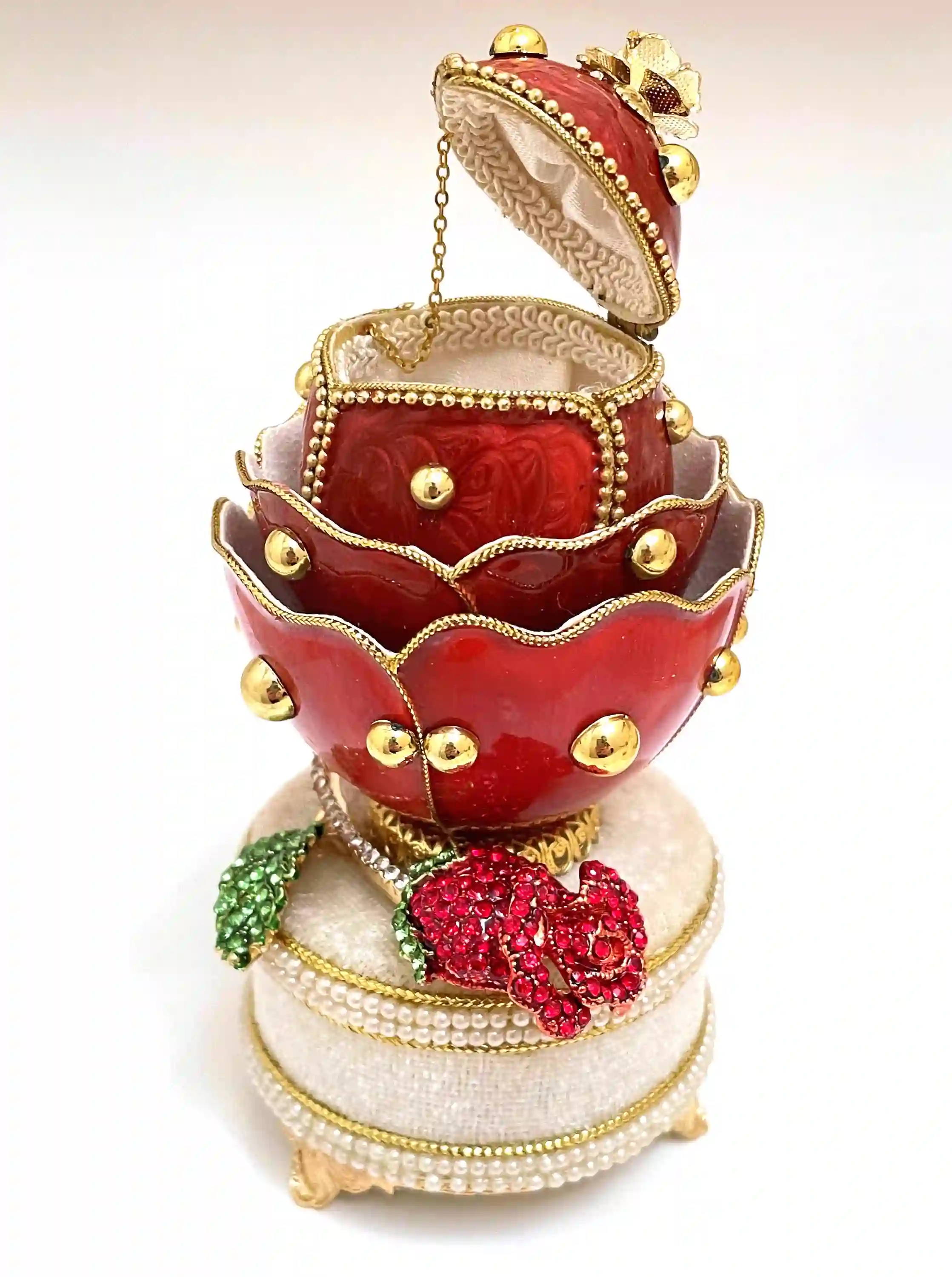 Red Faberge egg style, Limited edition Faberge Eggs Vintage, MUSICAL Rose Jewelry gift box, HANDCARVE NATURAL Real Egg, 24kGold Handmade 