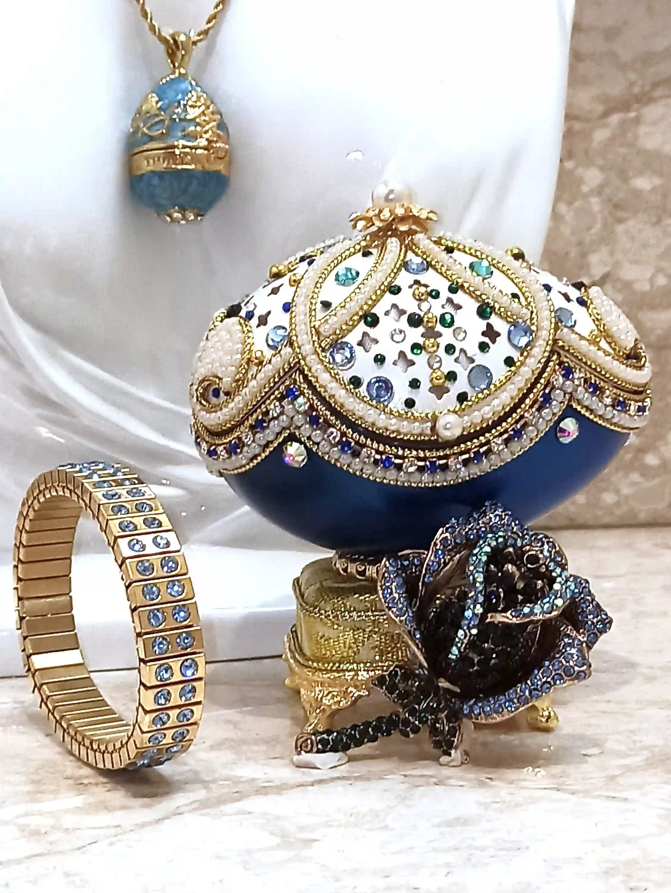 Limited Edition, Faberge-Style Egg Style, 24k HANDMADE, Imperial Faberge egg Ornaments, Musical Faberge Art, Something blue for Wedding, Sapphire 