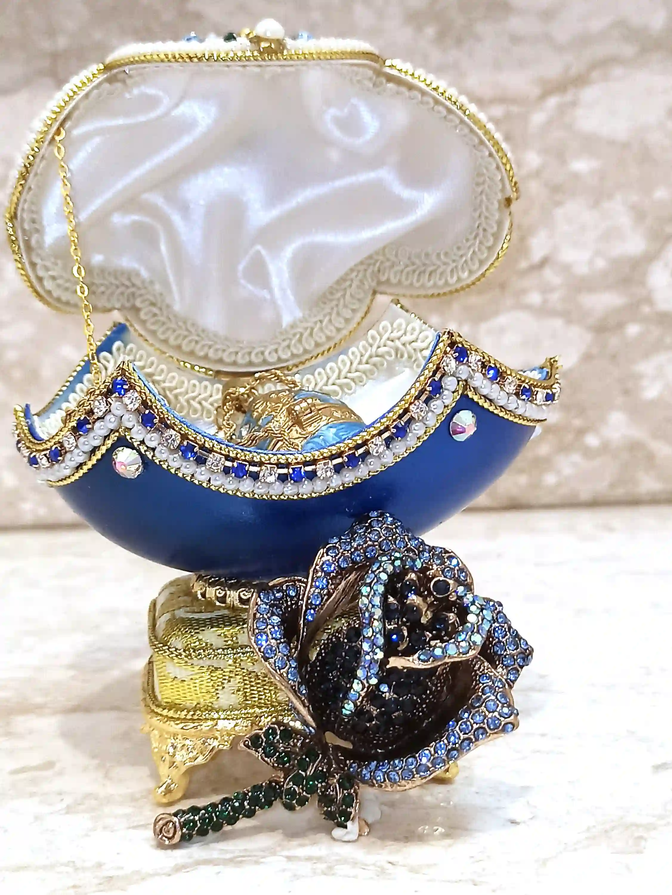 Limited Edition, Faberge-Style Egg Style, 24k HANDMADE, Imperial Faberge egg Ornaments, Musical Faberge Art, Something blue for Wedding, Sapphire 