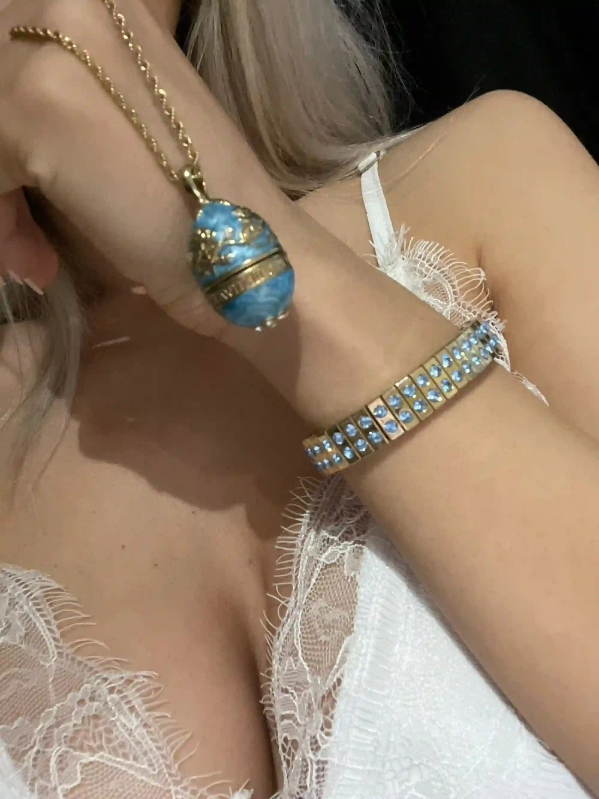 Artisan Handmade Jewelry,FABERGE-Style egg Pendant Necklace & GOLD Bracelet set for women,Blue Birthday gifts for her, Blue Necklace set, Faberge 