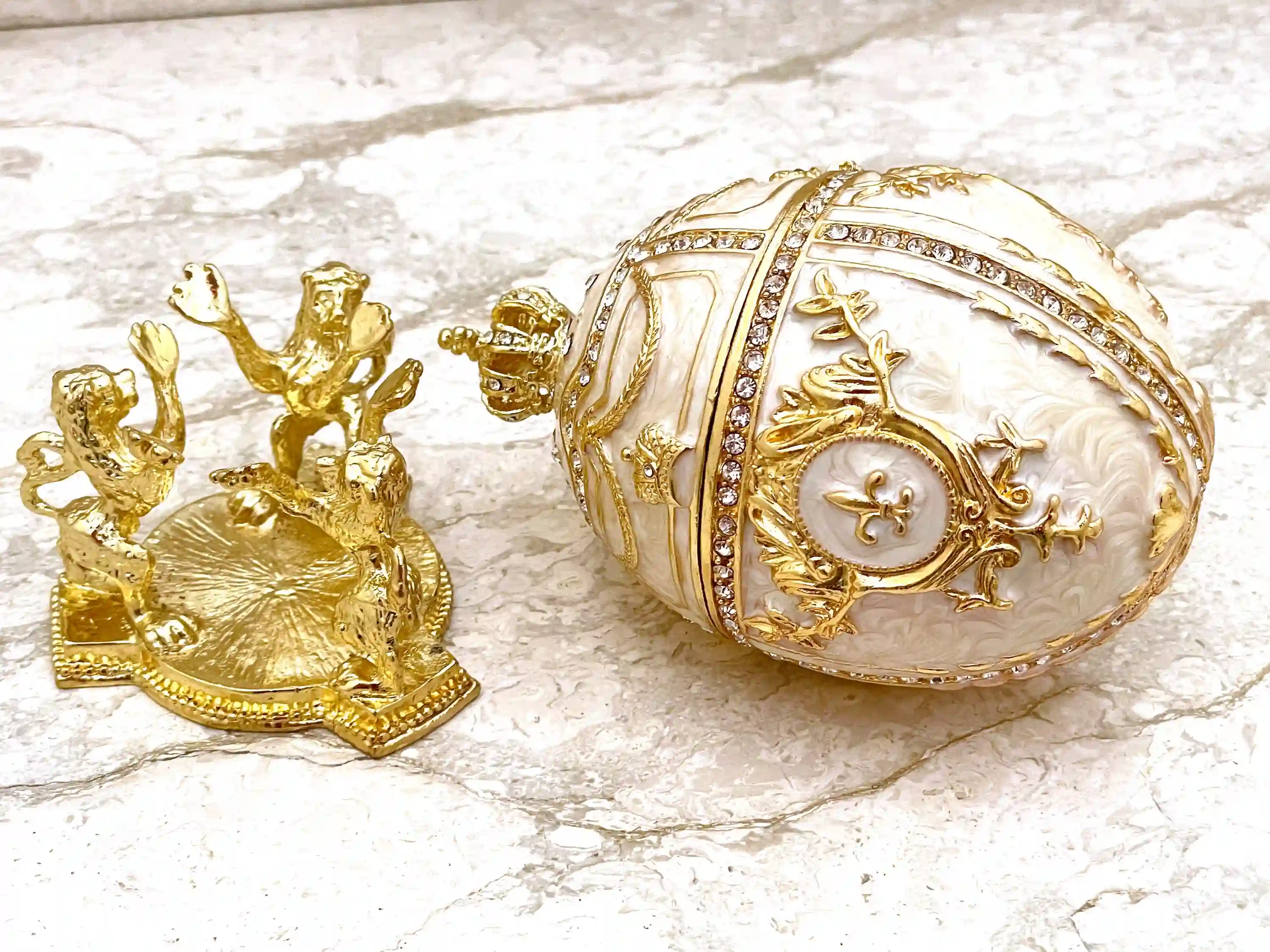 Imperial Off-White Faberge Egg style 24KGOLD 4ct Collectors Egg Fabrege Eggs Jewelry Box Faberge Egg Trinket Box HANDMADE 200 Set Swarovski 