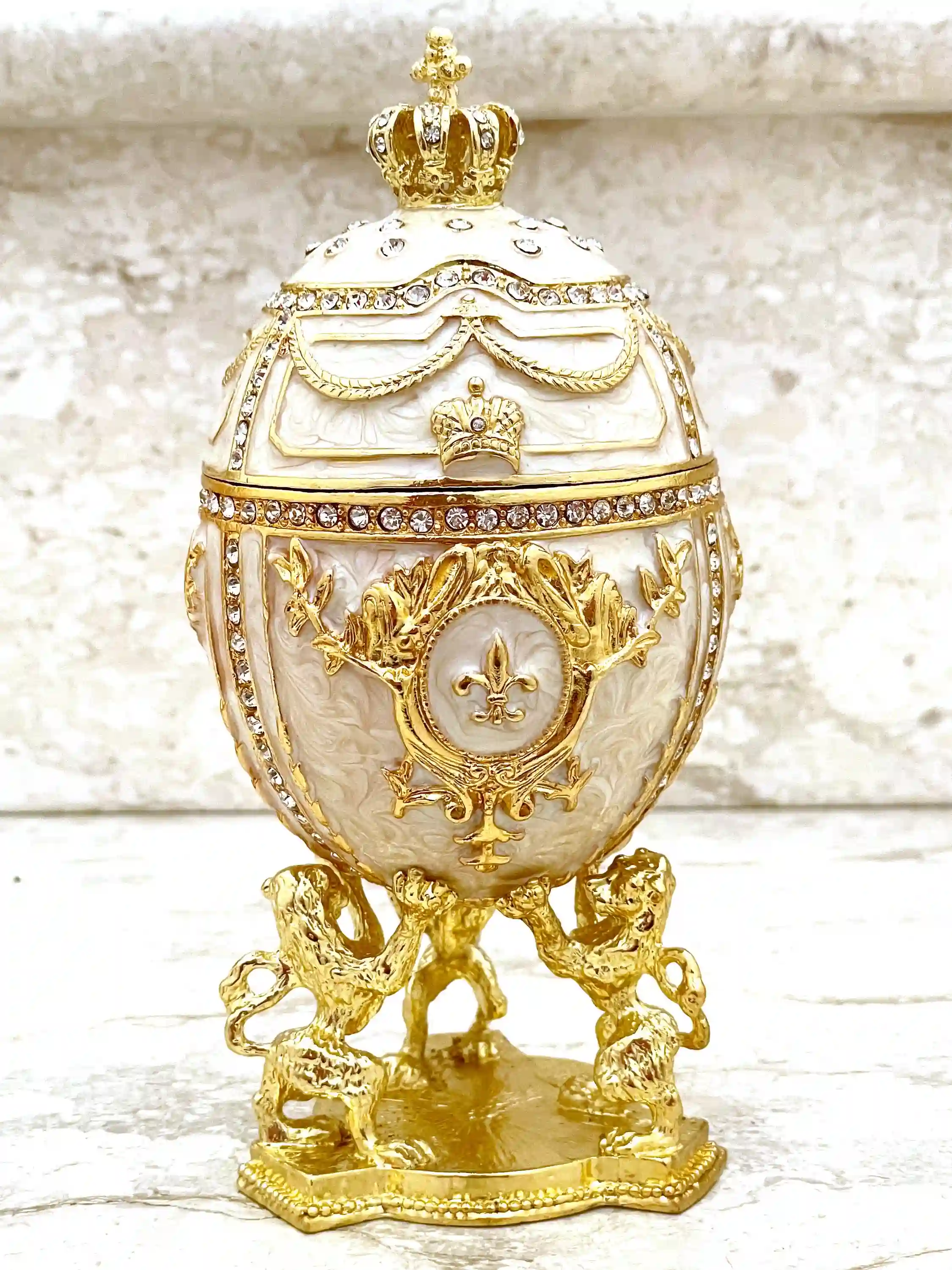 Imperial Off-White Faberge Egg style 24KGOLD 4ct Collectors Egg Fabrege Eggs Jewelry Box Faberge Egg Trinket Box HANDMADE 200 Set Swarovski 