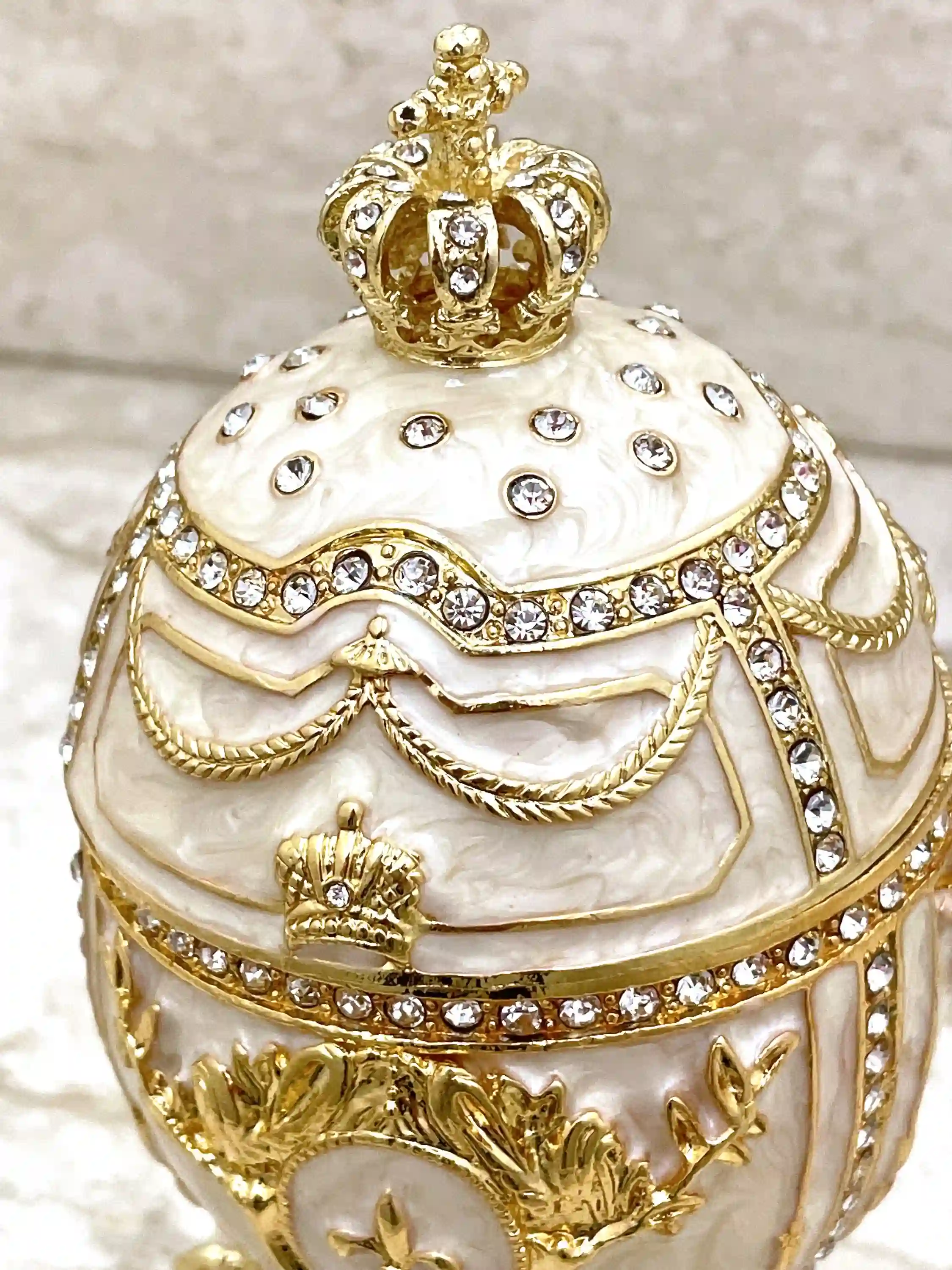 Imperial Off-White Faberge Egg style 24KGOLD 4ct Collectors Egg Fabrege Eggs Jewelry Box Faberge Egg Trinket Box HANDMADE 200 Set Swarovski 