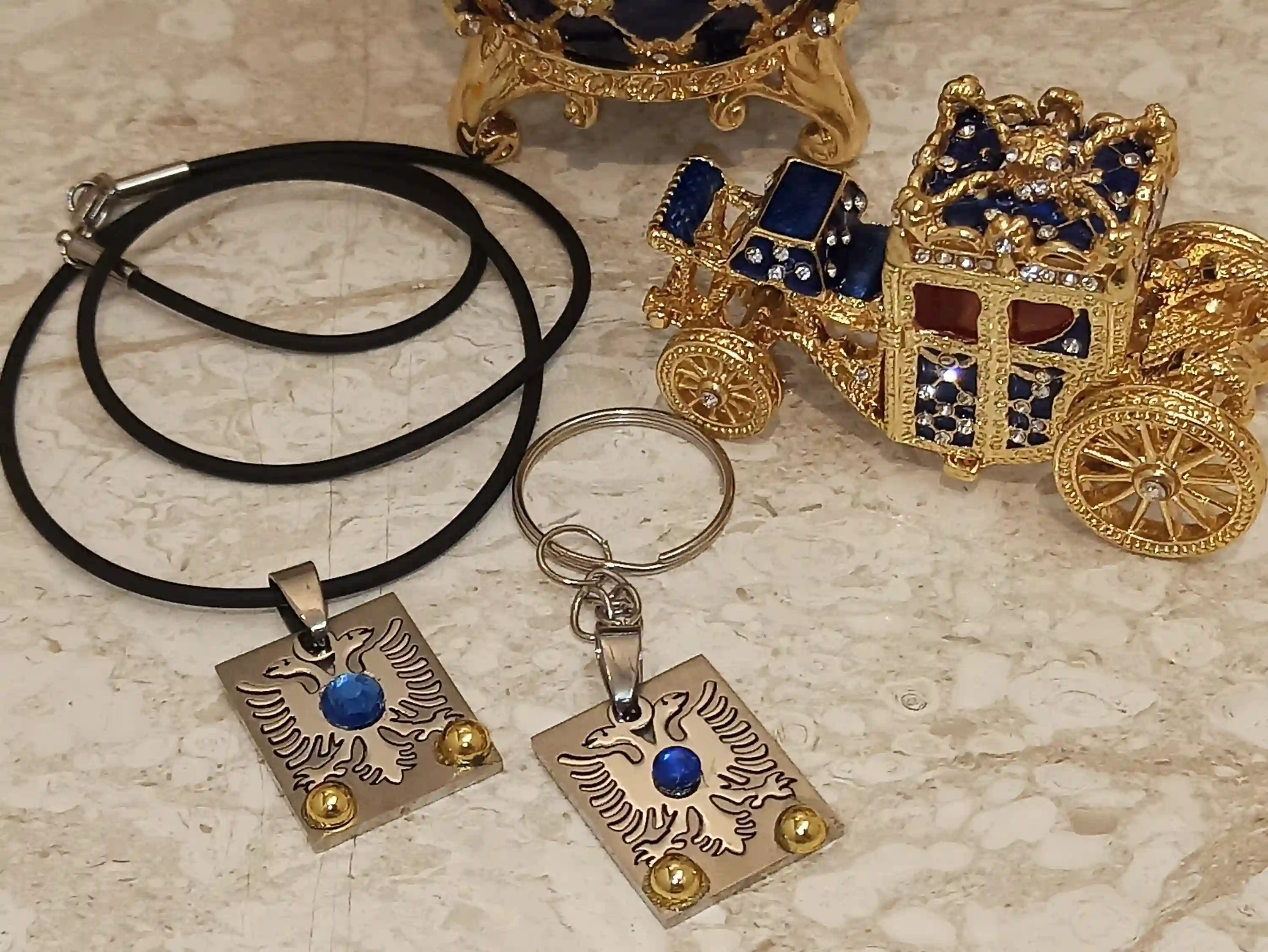 Imperial Faberge Egg Trinket box Carriage 24kGOLD Double-headed Eagle Necklace Keychain for Men gift 10ct HANDSET Austrian Crystal Diamond 