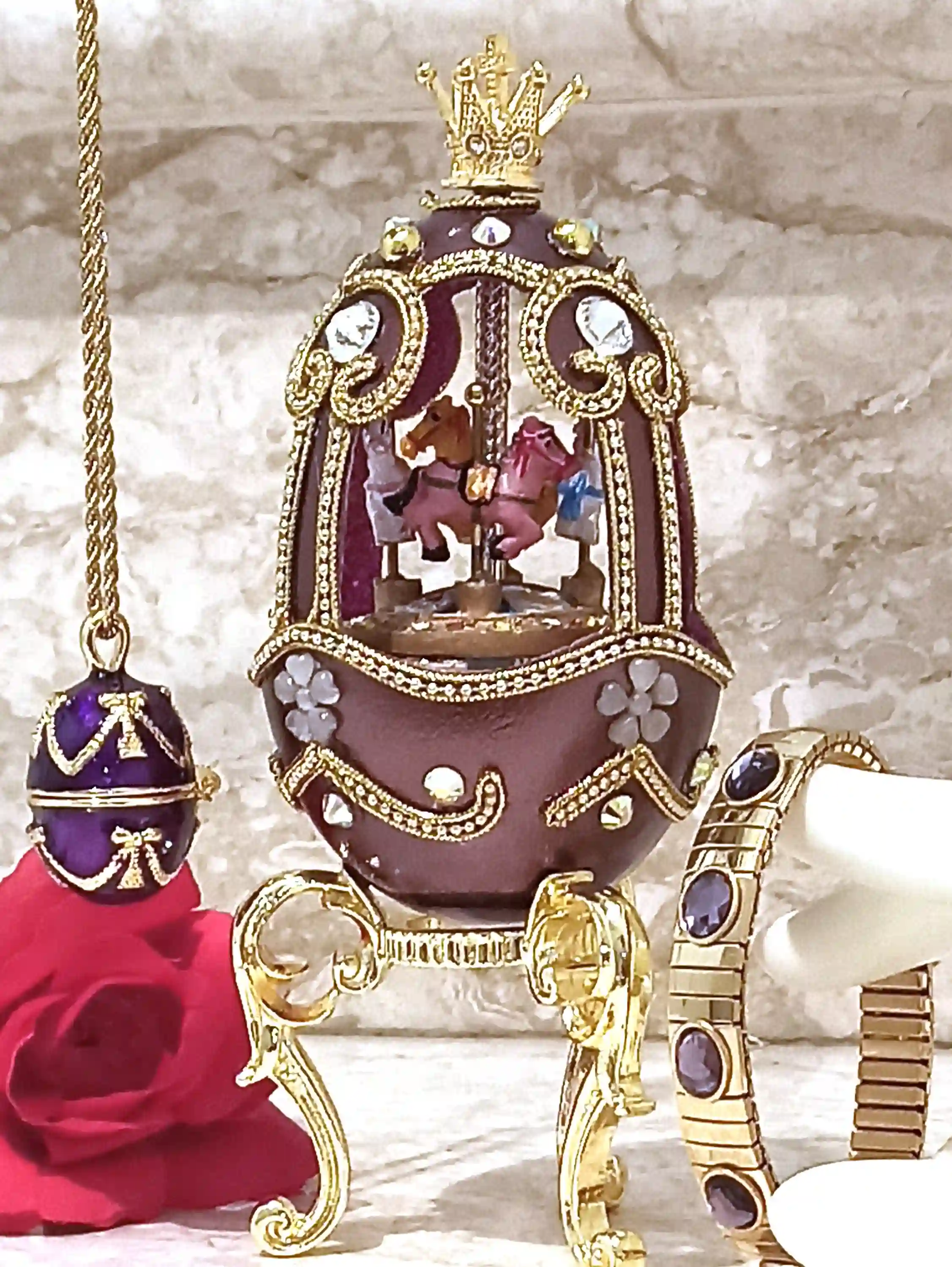 One Of a Kind Faberge Egg style Faberge NECKLACE Amethyst BRACELET Purple Faberge egg Musical Carousel Horse 24k GOLD Handmade Faberge Egg 