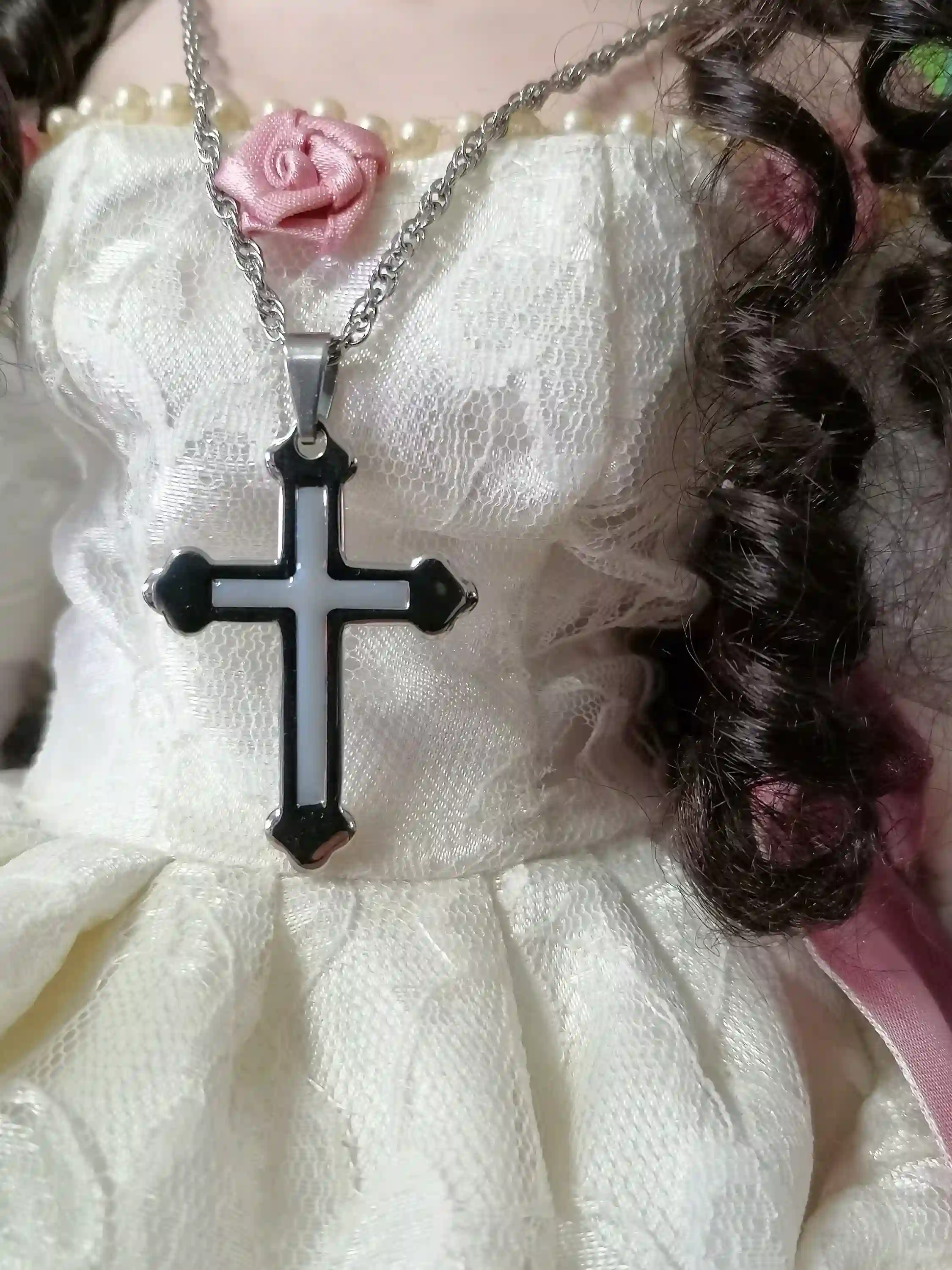 Something Blue Cross Pendant Necklace/Religious Jewelry SILVER Christian Cross LONG Necklace gift for women HANDMADE /Chain 16