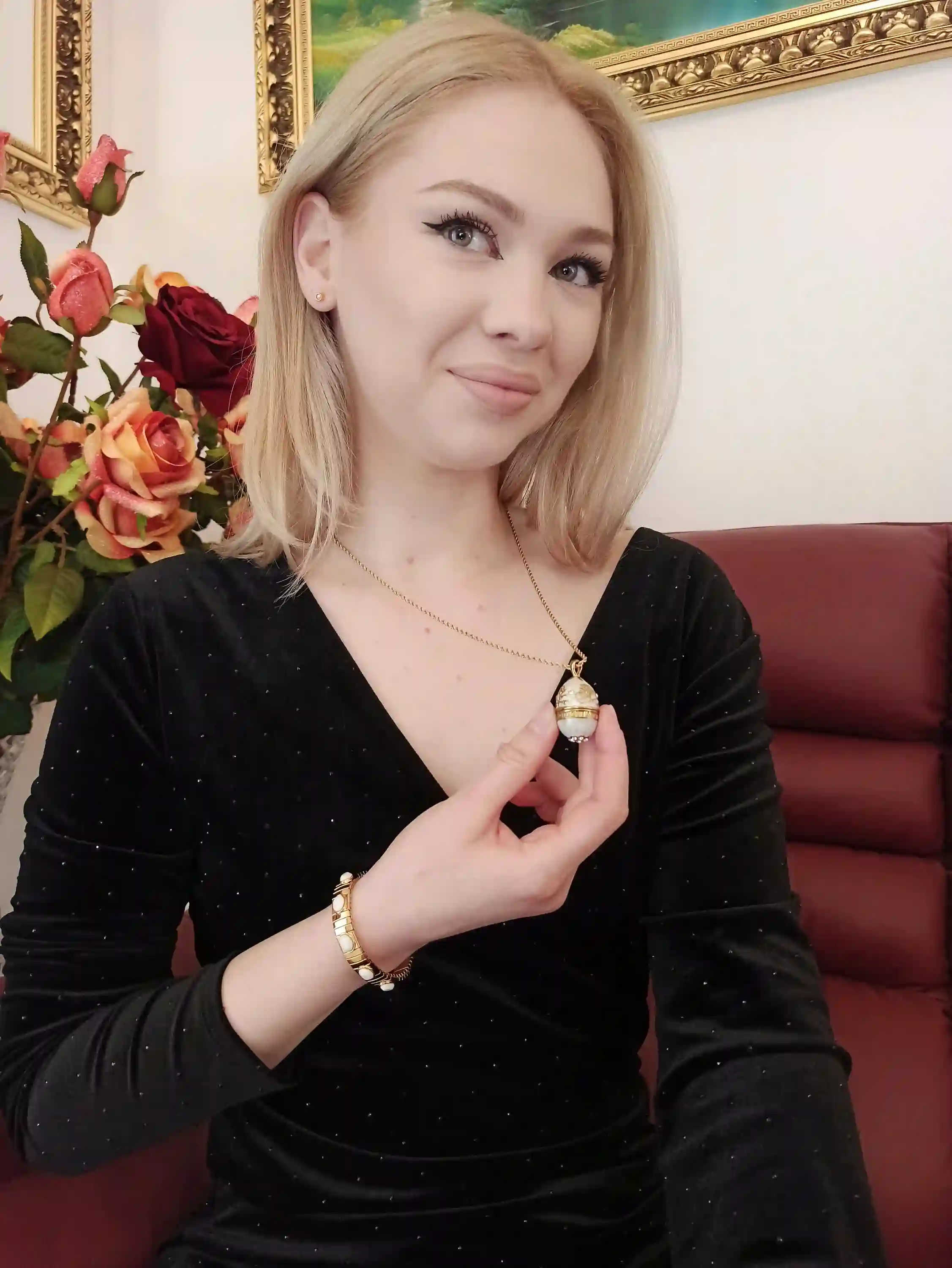 Luxury Faberge Egg Pendant Locket White Faberge Egg Necklace SET 24k GOLD Faberge Jewellery Austrian Crystal Handset + Gold White Bracelet 