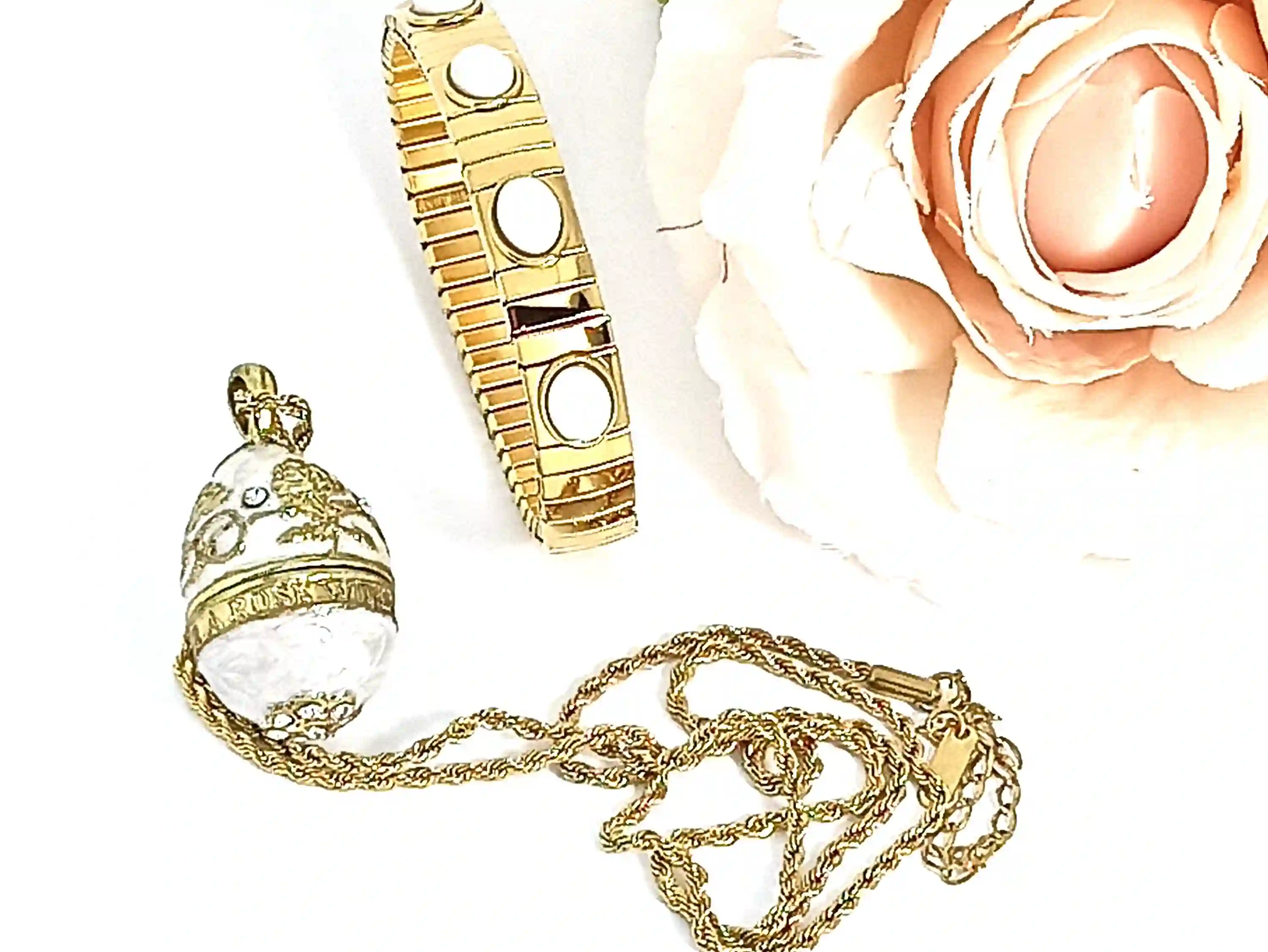 Luxury Faberge Egg Pendant Locket White Faberge Egg Necklace SET 24k GOLD Faberge Jewellery Austrian Crystal Handset + Gold White Bracelet 
