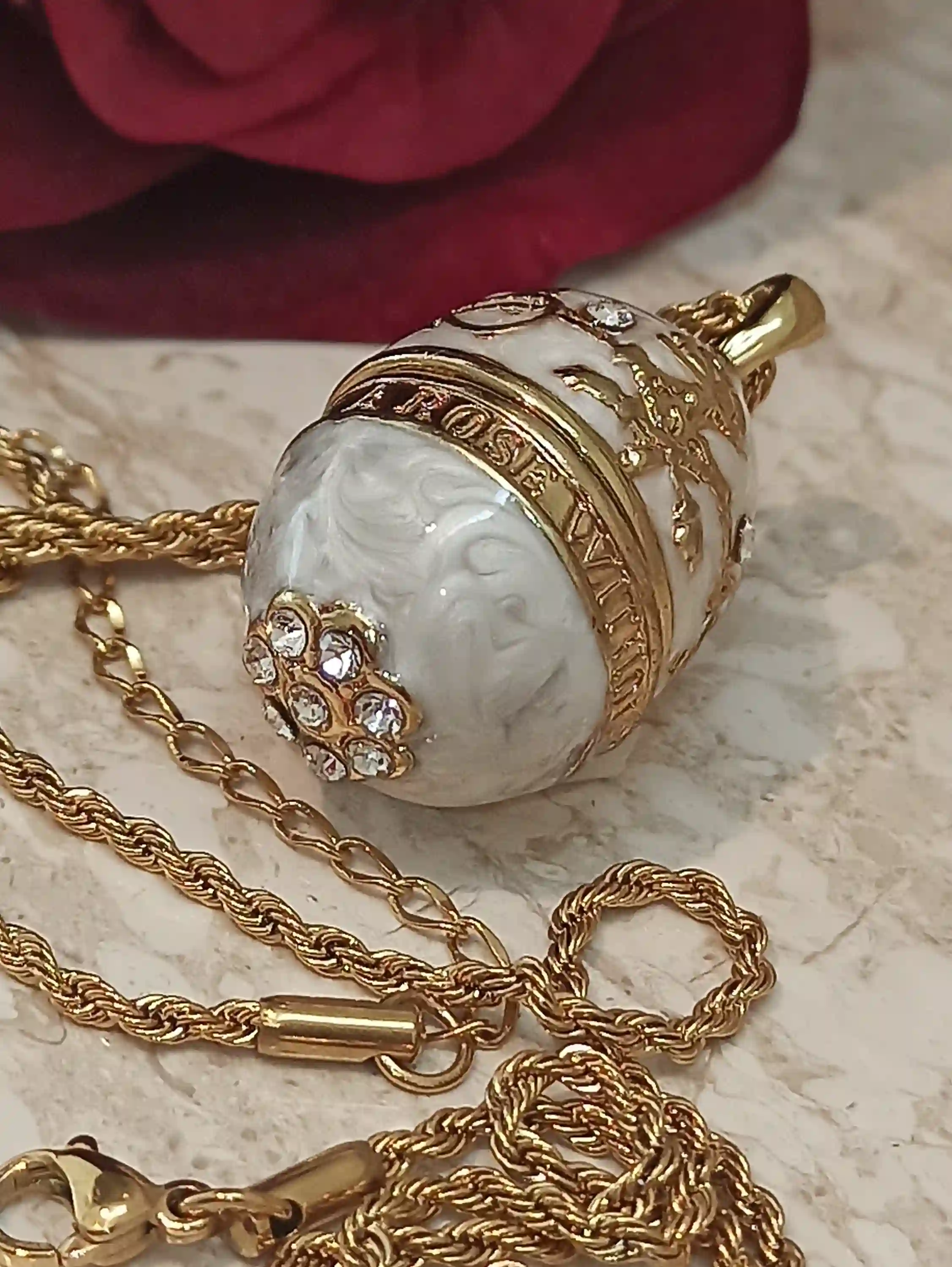 Luxury Faberge Egg Pendant Locket White Faberge Egg Necklace SET 24k GOLD Faberge Jewellery Austrian Crystal Handset + Gold White Bracelet 