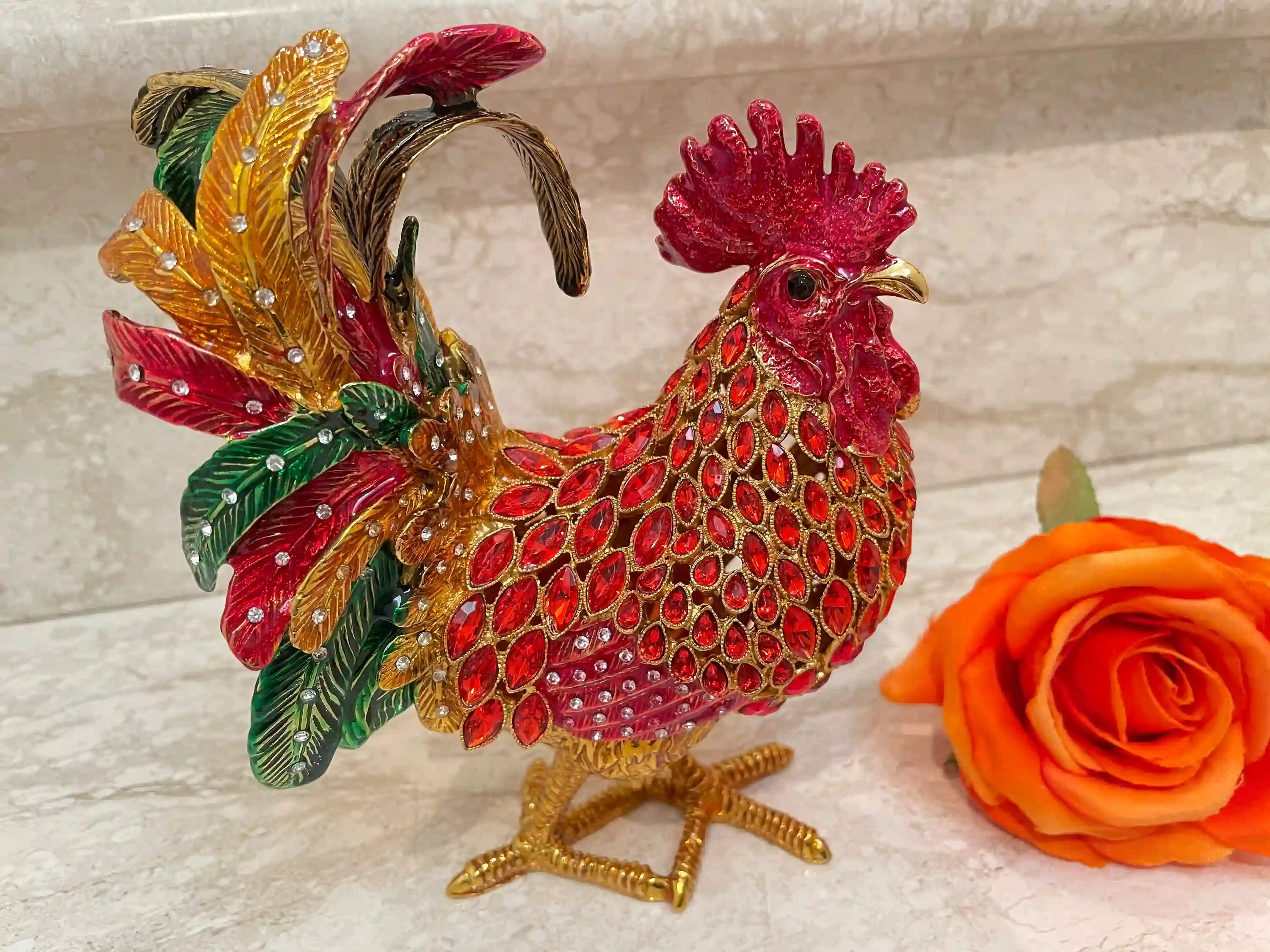 2002 Vintage RUBY Red Faberge-Style Egg Rooster Jewelry Box, Rooster Lover 21st Birthday 21 Anniversary Gift for Graduation present for Christmas 