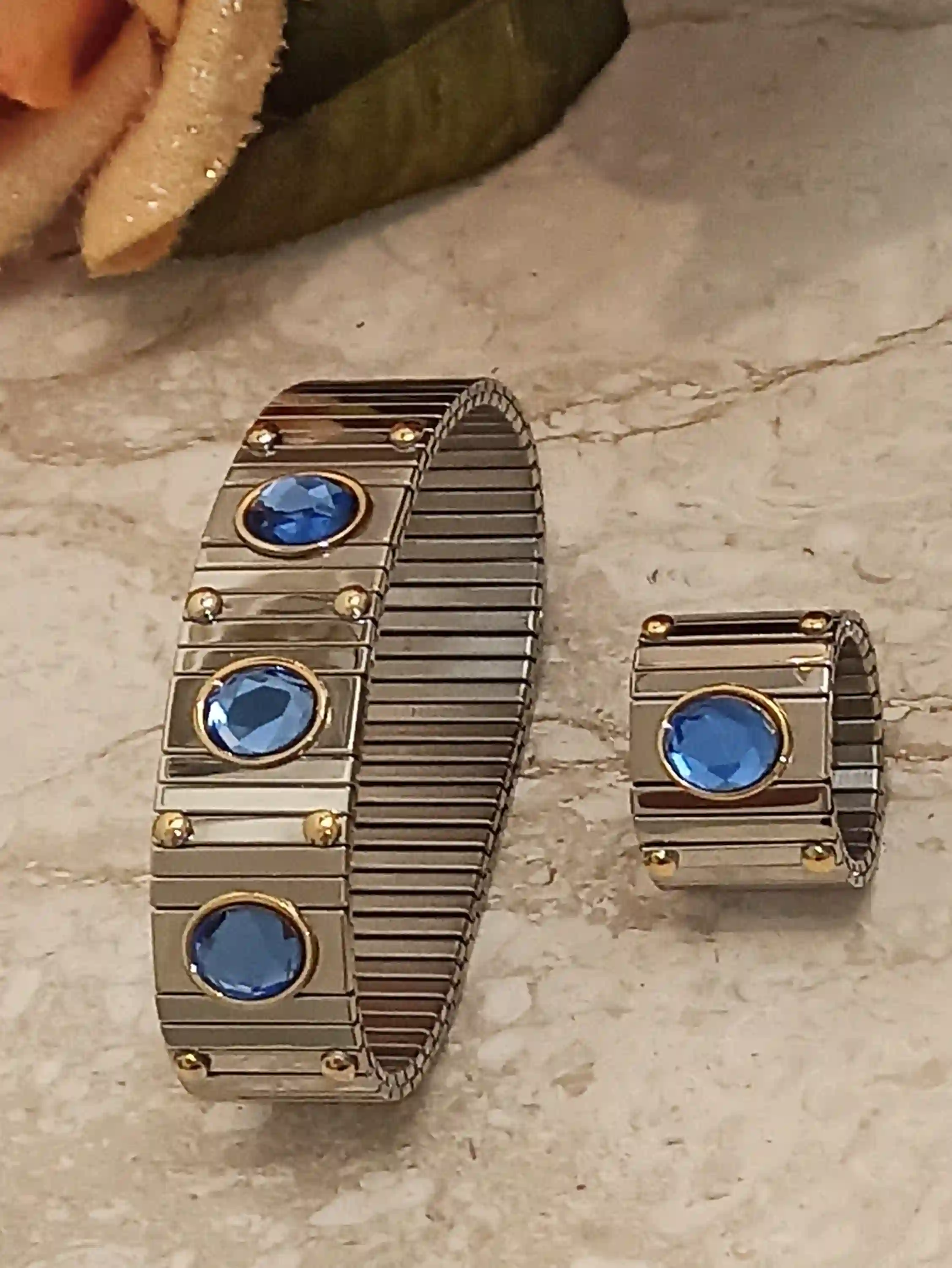 9ct SAPPHIRE SILVER Bracelet Ring SET/Blue Swarovski Crystal Bracelet Silver Ring/Statement bracelet/Sapphire Anniversary Gift/Gift for Her 