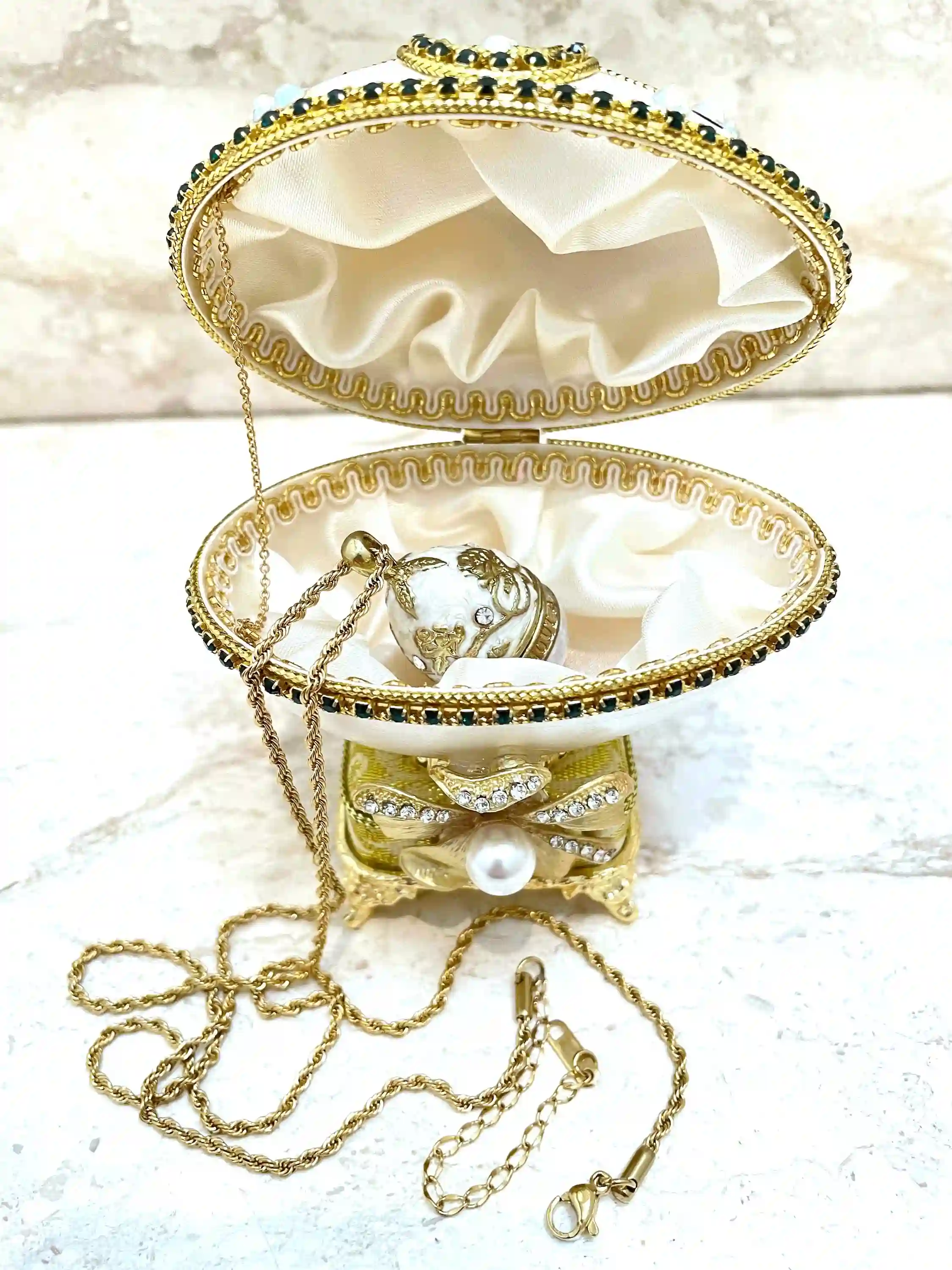 ONE of a Kind Wedding Gifts for Bride - Faberge-Style egg - HANDCARVED Natural Egg - Faberge Egg Music box - Fabrege Eggs Necklace Set - 24k GOLD 