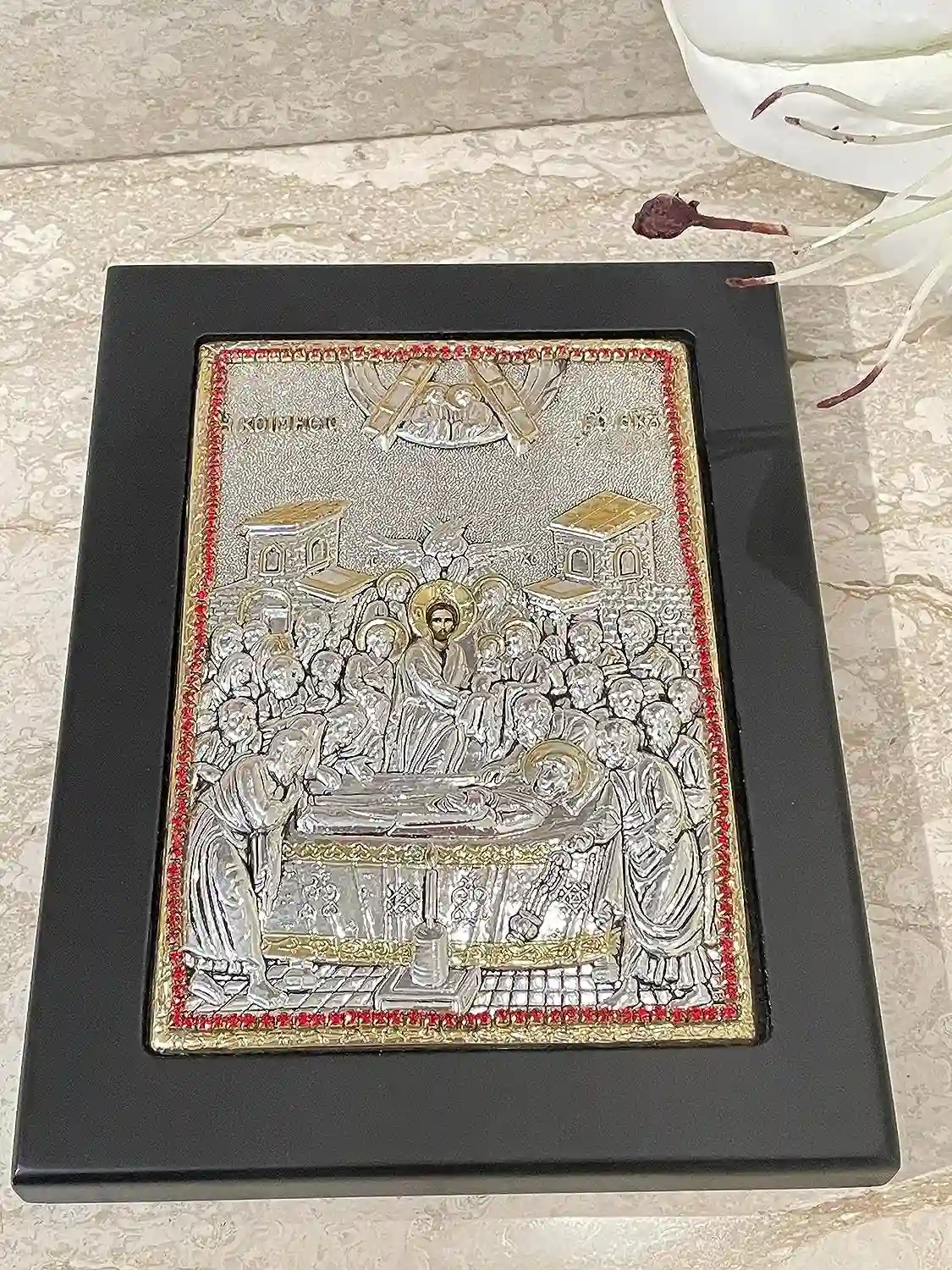 Madonna Icon Dormition ofthe Holy Mother of God Virgin Mary Icon SOLID Sterling Silver Housewarming Christian Icon Handpainted Icon 200 Gems 