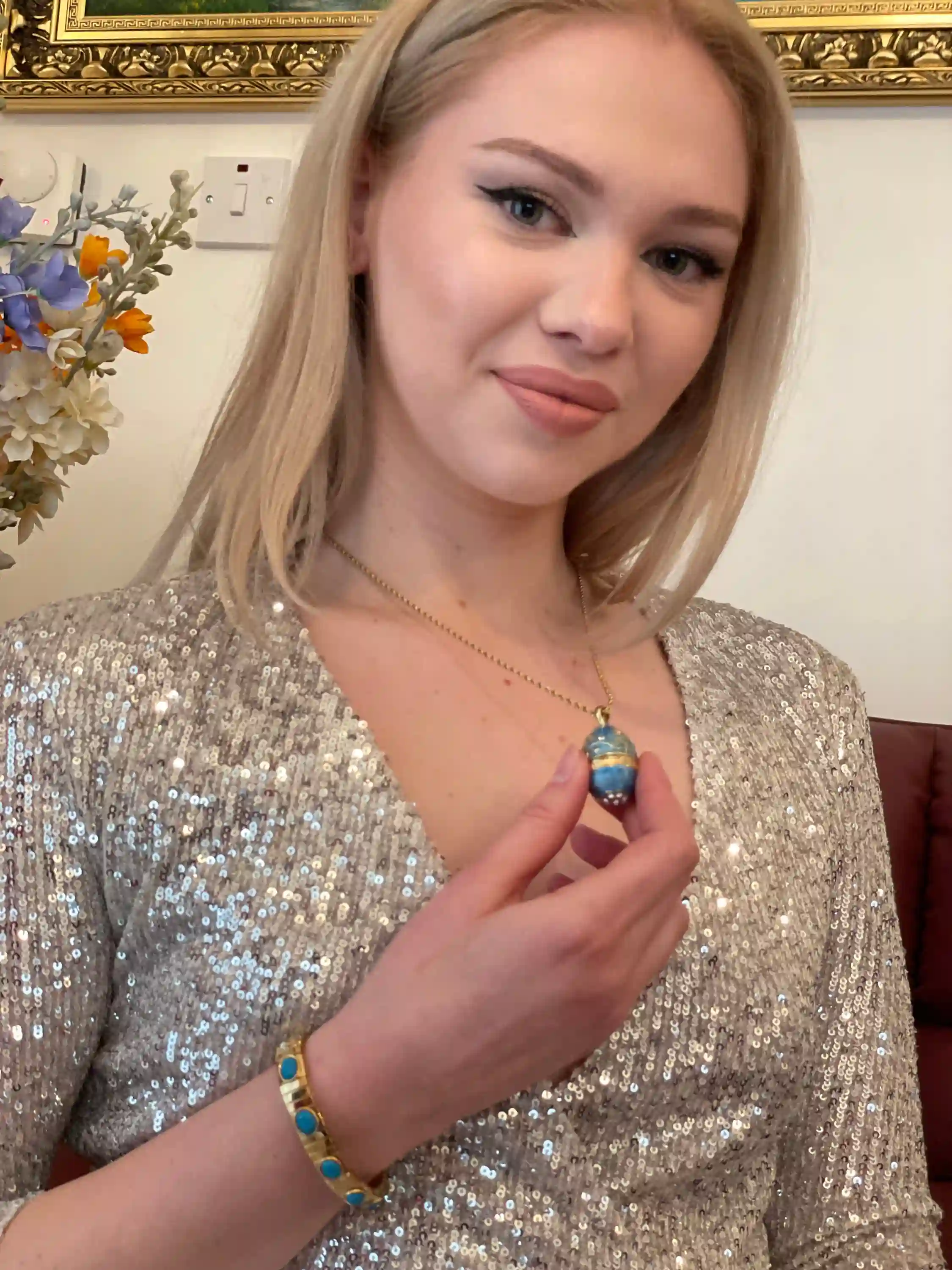 HANDMADE Faberge Jewelry Blue Topaz Necklace in Yellow Gold + 24K Bracelet Blue Stone - Faberge Egg Pendant Necklace -Faberge Jewelry style 