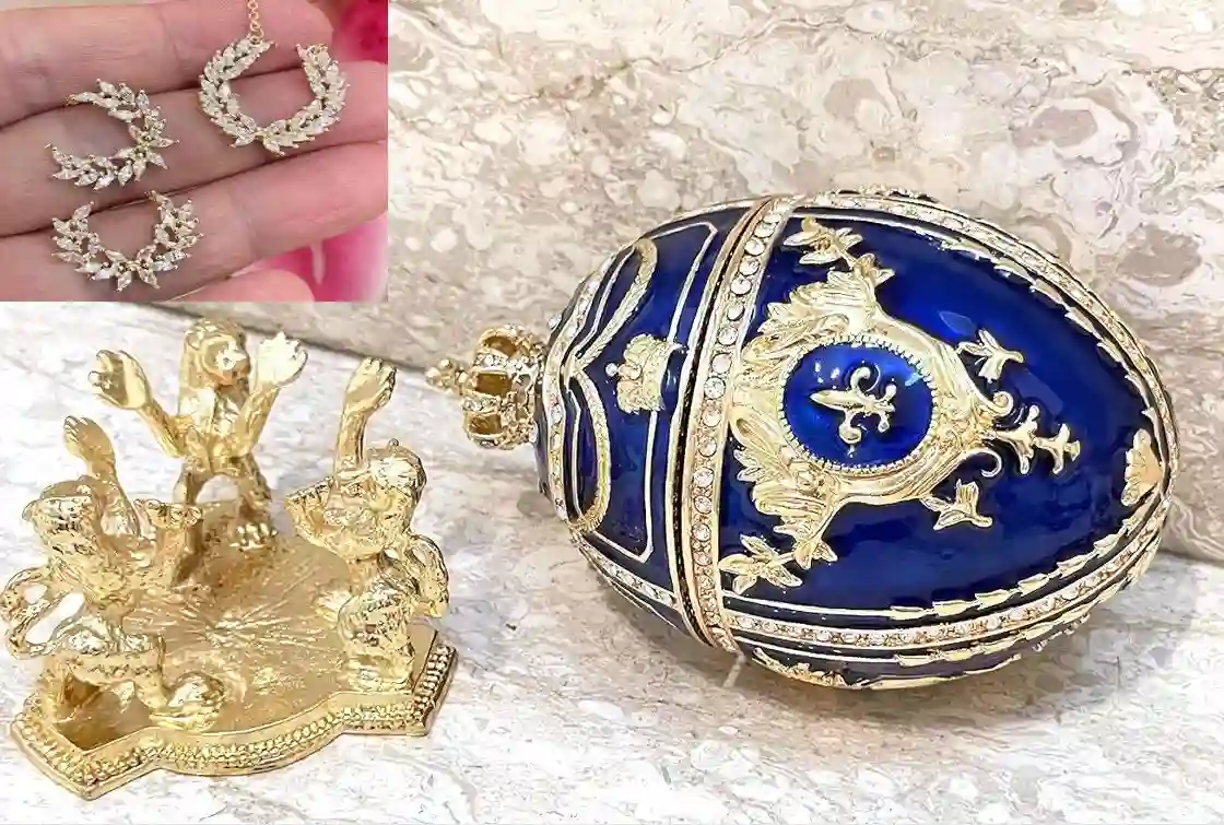 Blue Faberge egg Faberge style Egg Home Decor Handmade Luxury Wedding gift for Christmas Gift for Newlyweds New Year Wreath Jewelry SET 