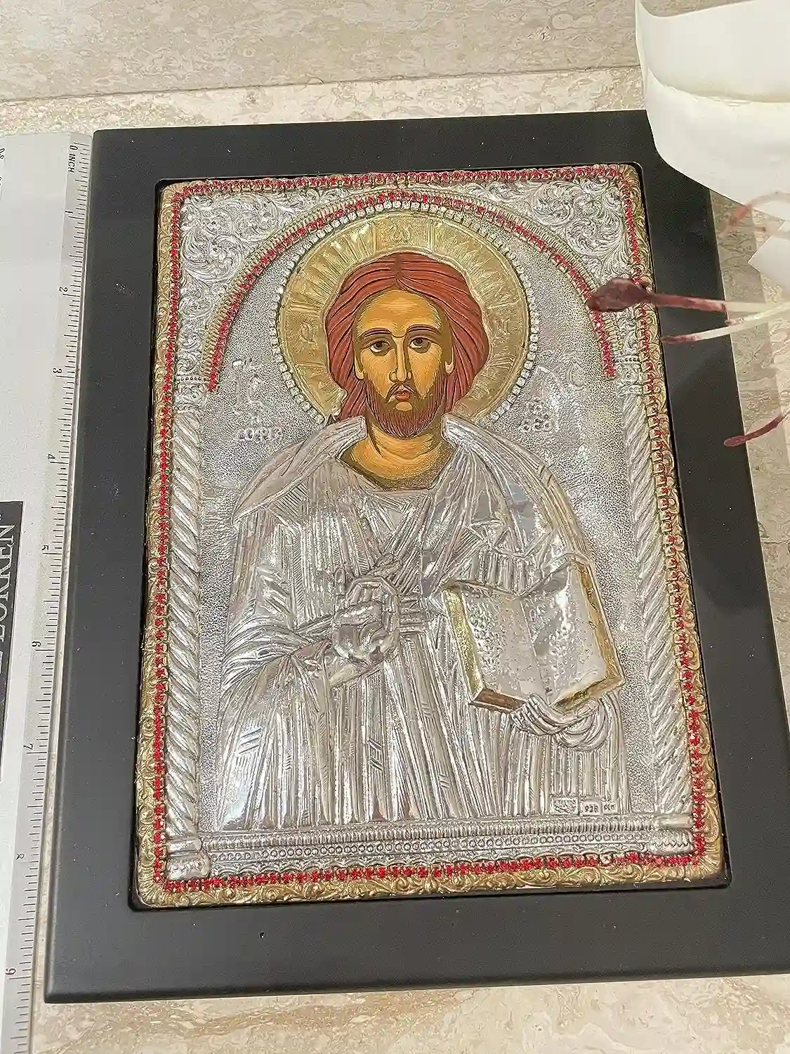 Jesus Christ the Teacher Icon SOLID Sterling Silver Byzantine Icon Greek Icon Pantocrator Icon Christian Baptism Communion gift 350 Gems HMD 