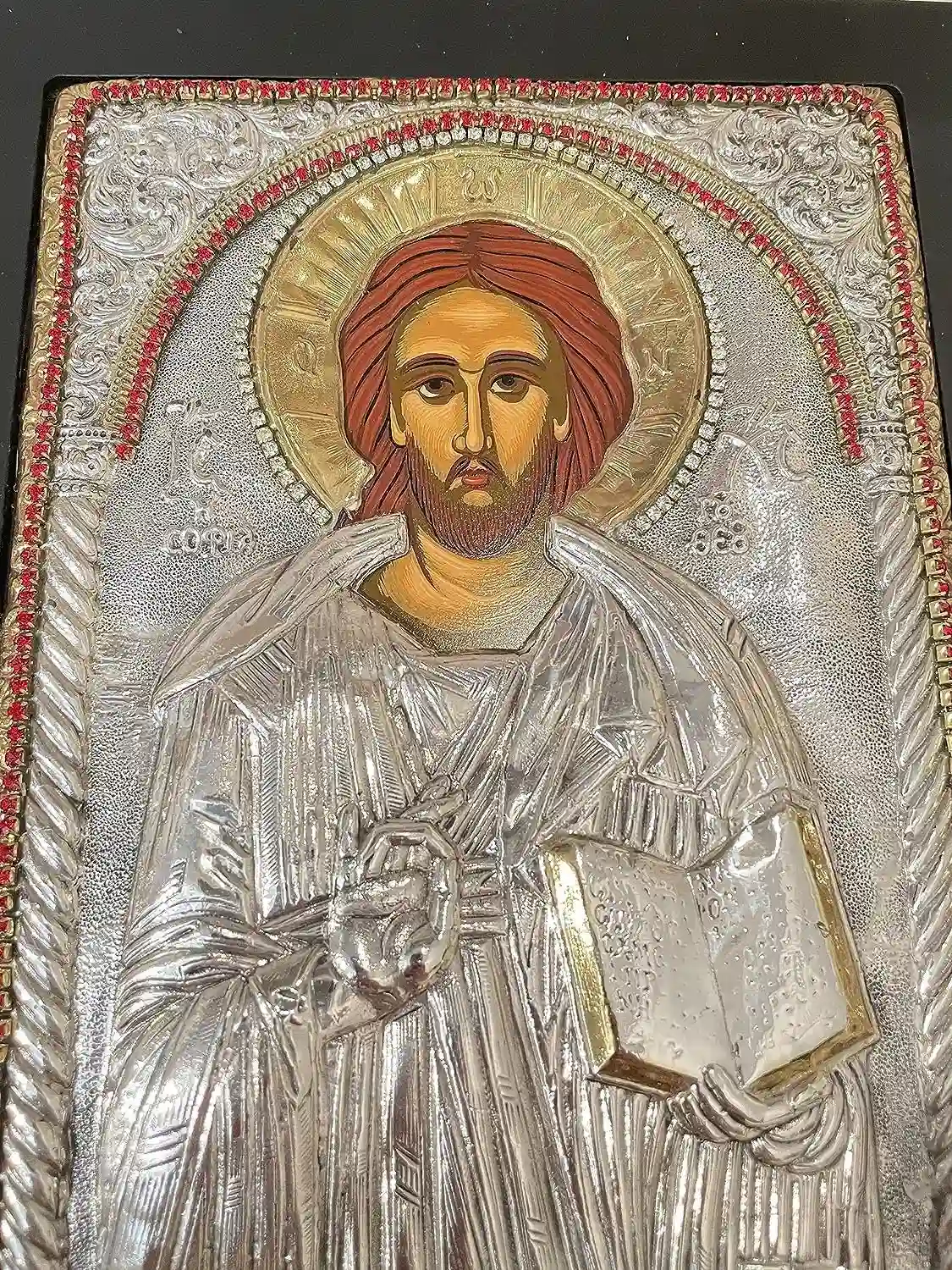 Jesus Christ the Teacher Icon SOLID Sterling Silver Byzantine Icon Greek Icon Pantocrator Icon Christian Baptism Communion gift 350 Gems HMD 