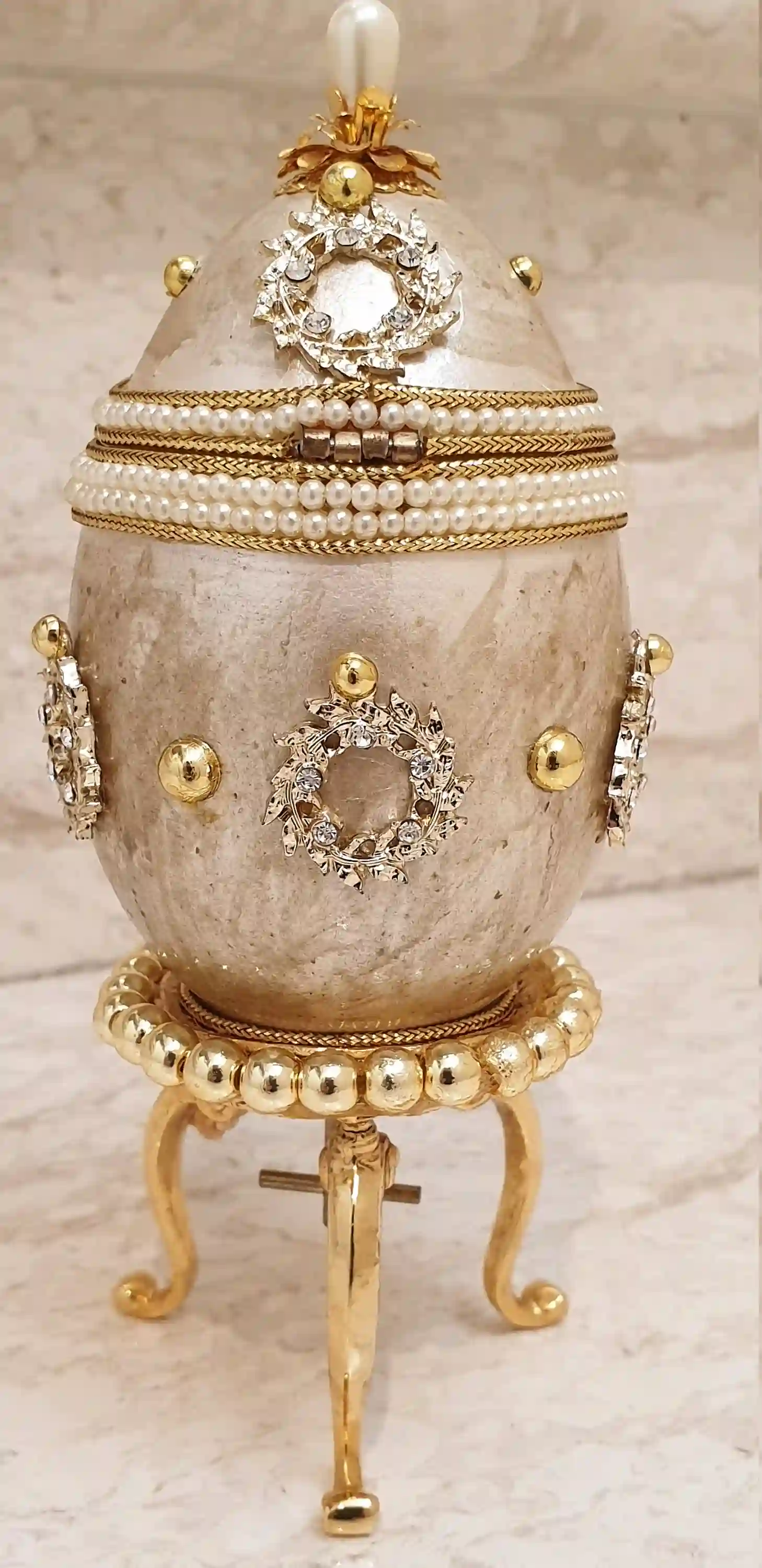 Antique Faberge Egg style ONLYOne Handcarved Faberge Designer Egg WREATH Musical Box 1996 Friendship HANDMADE Collectors Item Gift Fabrege 