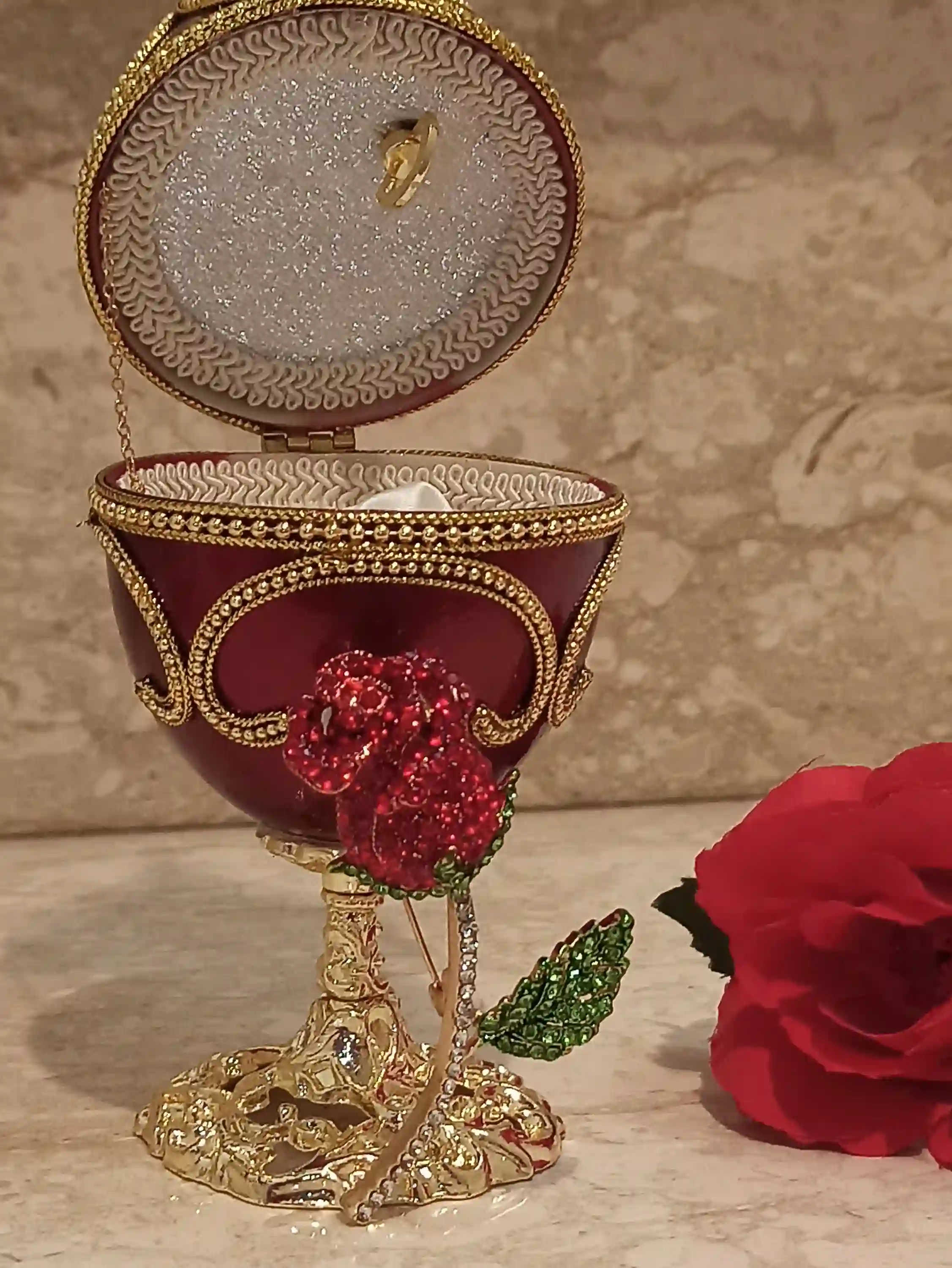 Mothers day Jewelry Box,Rose Trinket Jewelry Box,Red Rose Jewelry Set,FABERGE style Egg,Faberge,MUSIC Box Mom,Wife Birthday,RUBY Bangle 24k 