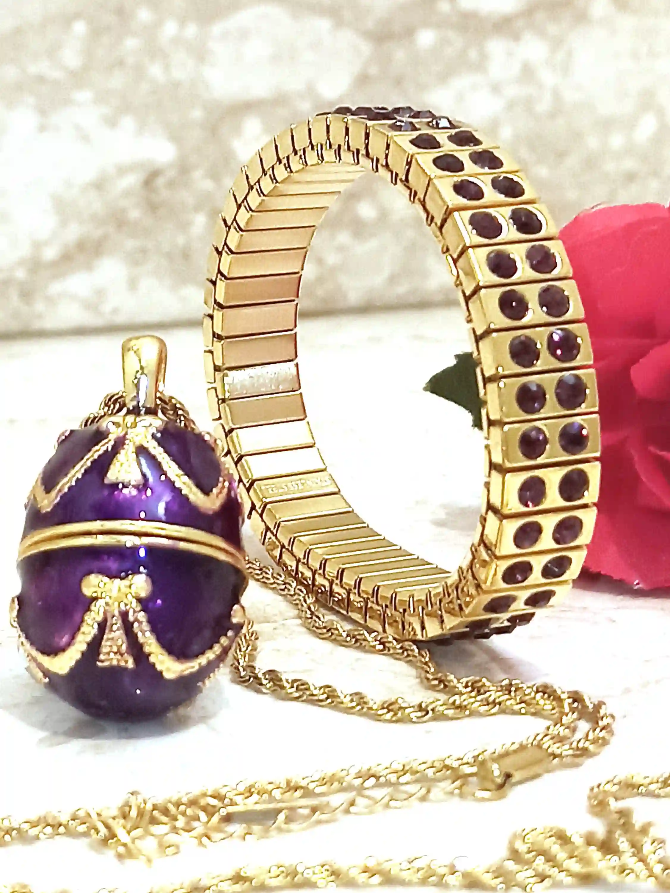 Gold Amethyst Necklace -Faberge-Style egg Pendant -Amethyst Bracelet -24K Gold -Handmade Bracelet-Bridal shower gift -Gift for women-Gift for Her 
