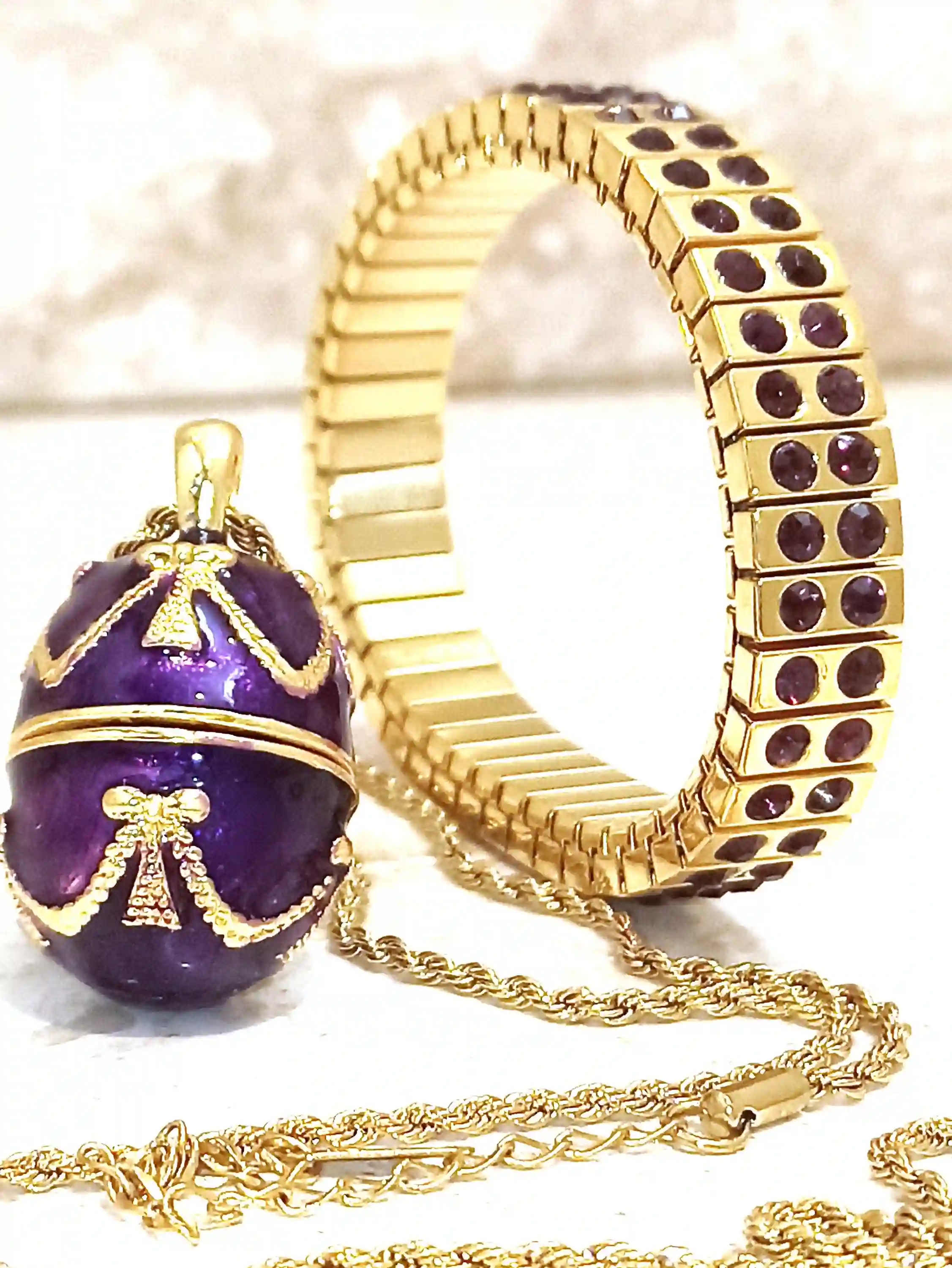 Gold Amethyst Necklace -Faberge-Style egg Pendant -Amethyst Bracelet -24K Gold -Handmade Bracelet-Bridal shower gift -Gift for women-Gift for Her 