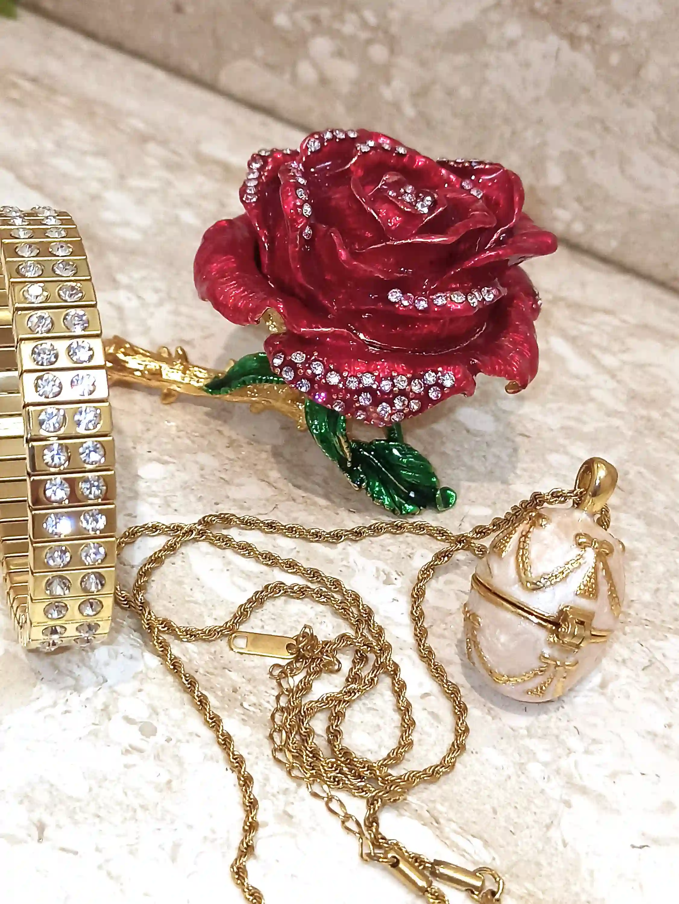 7ct, 24k Gold Jewelry Handmade, Luxury Christmas Gift Set, Egg Faberge, 24k GOLD Rose, Faberge egg Trinket Box, Faberge Egg Necklace 
