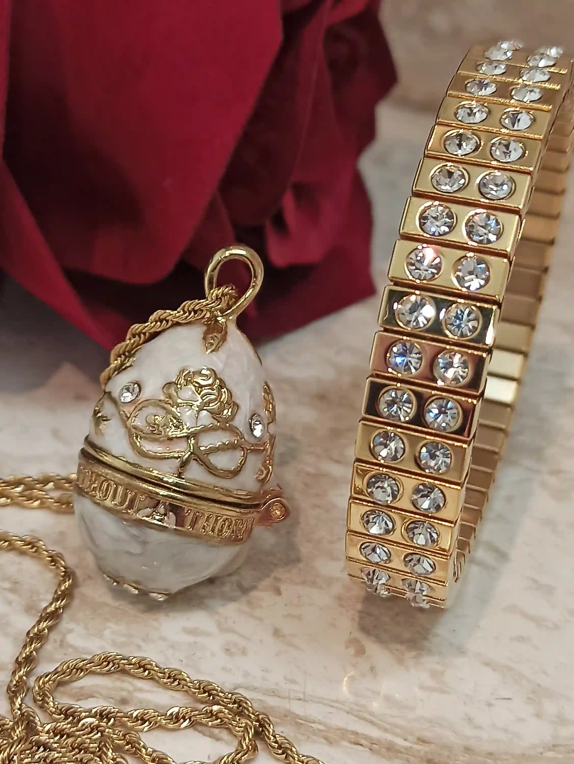 Designer Faberge-Style Egg ,NECKLACE BRACELET Set Faberge Egg Pendant White,&,24k GOLD Bracelet women,Jewelry set for Wedding,Bridal Gift Birthday 