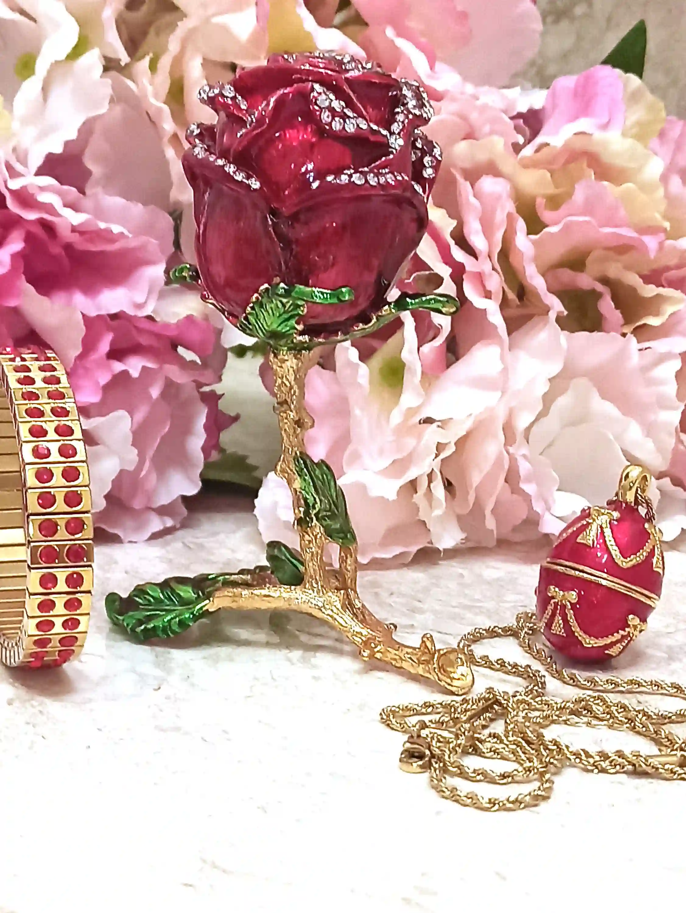7ct, Faberge-Style egg, Ruby Gift, Luxury gift for her, Rose Jewelry Box + Faberge Egg Necklace + Bracelet,24k GOLD, HANDMADE, Christmas Wife gift 